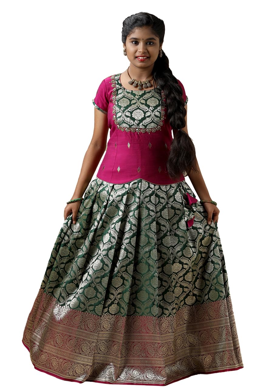 SHIVANGIDark Green Satin Diya Silk Pattu Pavadai For Girls (2-3 Years)