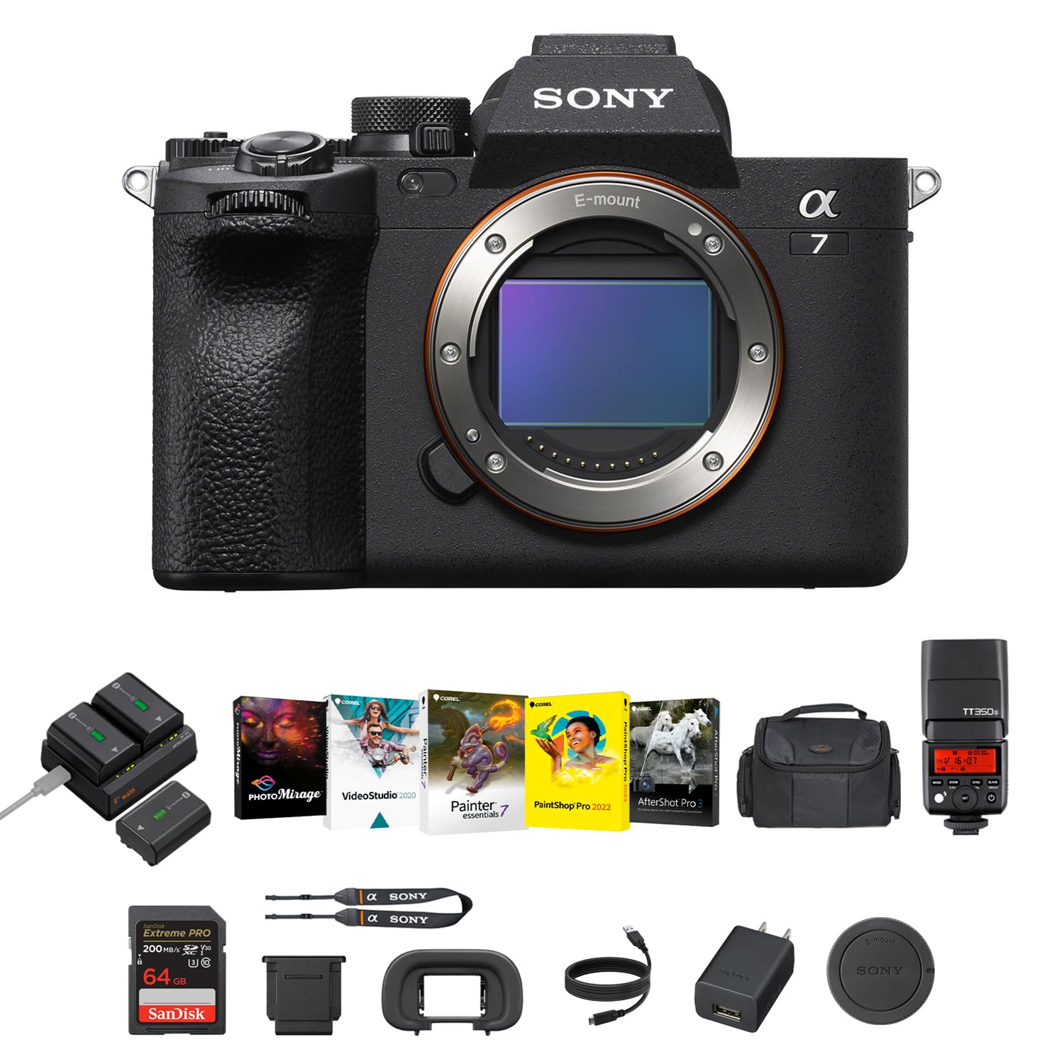 Sony a7 IV Full-Frame Mirrorless Camera - Fast Hybrid Digital Camera w/Batteries & Dual Charger Kit, Corel Software Kit, Godox Flash, 64GB SDXC Memory