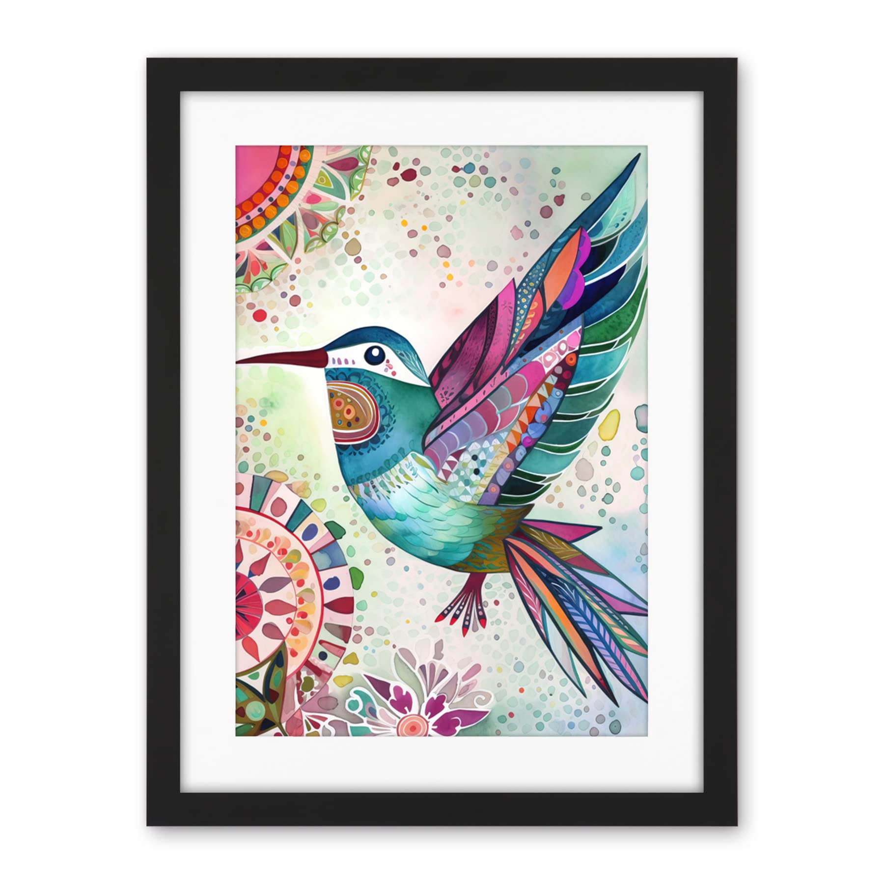 Artery8 Hummingbird With Multicolour Mandala Patterns Folk Art Watercolour Painting Artwork Framed Wall Art Print 18X24 Inch