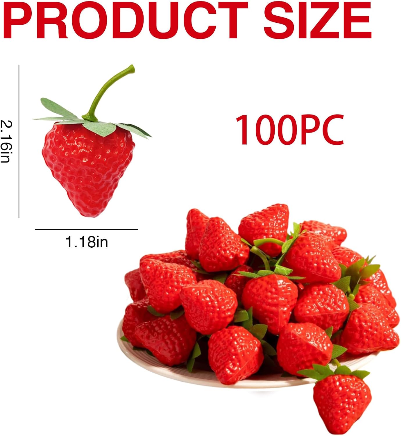 100PCS Plastic Artificial Red Strawberries, Fake Strawberries Décor, Lifelike Fruit Plastic Strawberries for Home Kitchen Party Decor Photography Prop