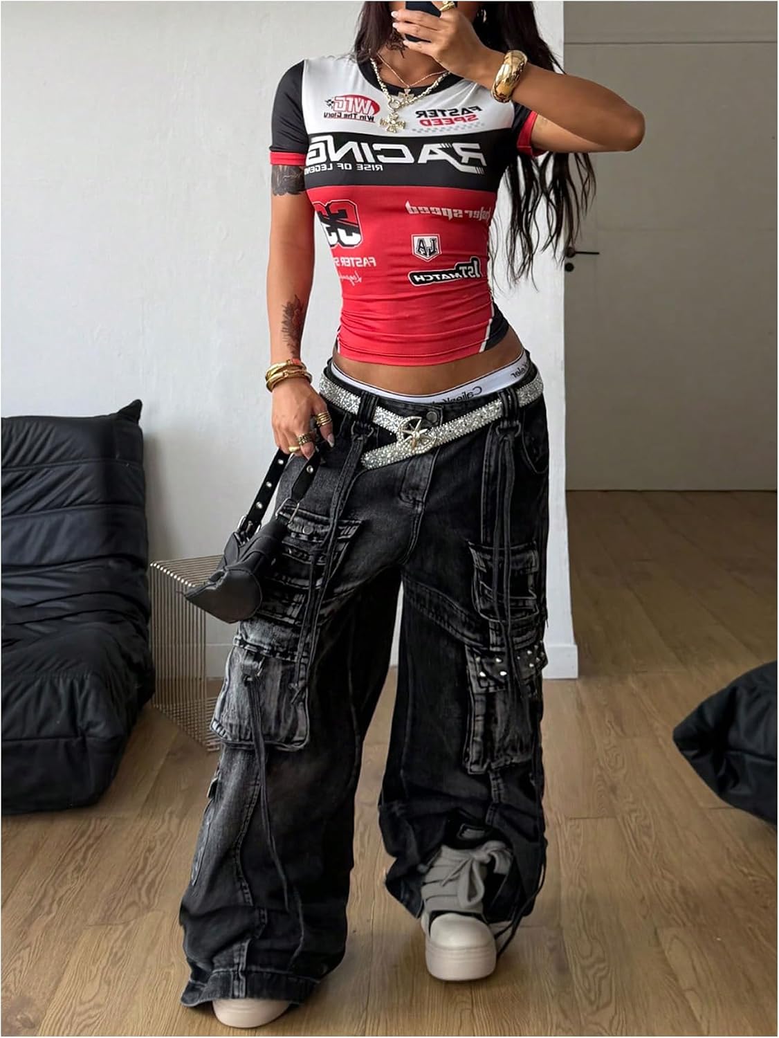 GORGLITTER Women's Racing Race Car Shirts Outfits Racer Driver Costume Crop Tops Summer Short Sleeve Going Out Tops