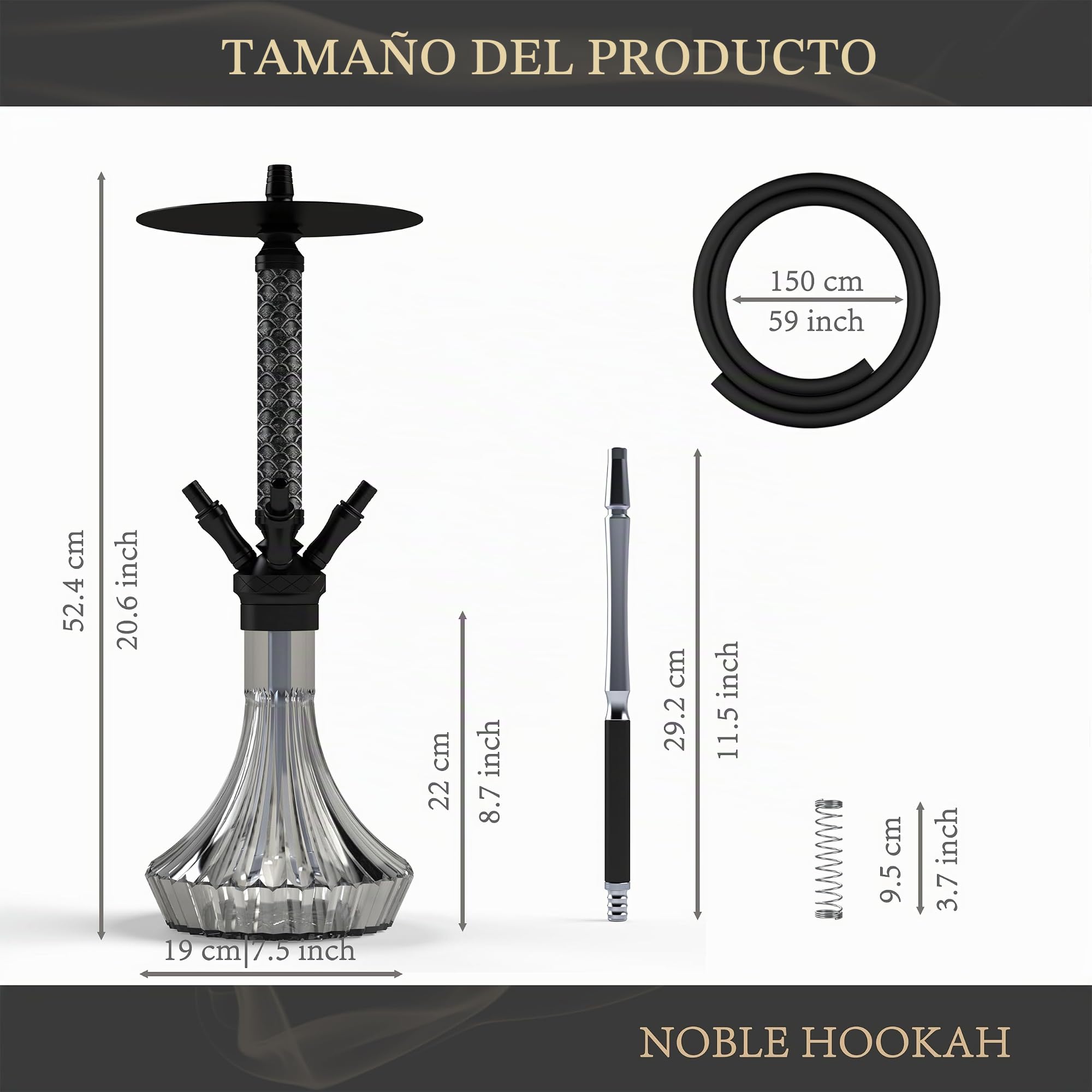 NOBLE HOOKAH Juego de 4 conexiones de cachimba mediana de aluminio y cuero, 4 mangueras y asas con cabeza de shisha, cuenco de cristal, color negro