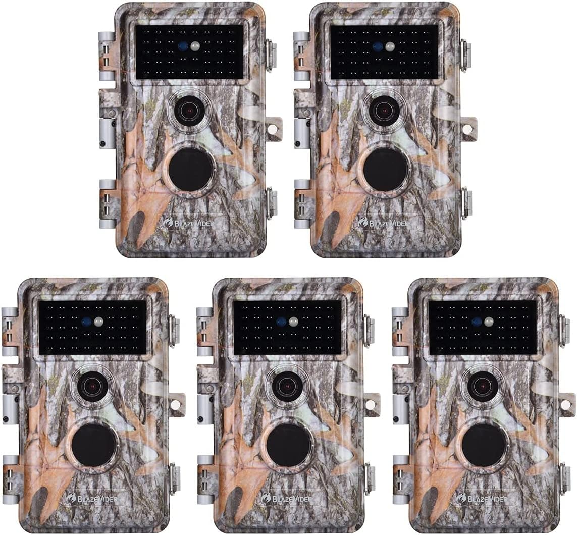 BLAZEVIDEO5-Pack Game & Trail Camera 32MP 1296P HD Video Night Vision Motion Activated IP66 Waterproof No Glow for Outdoor Wildlife Hunting, Backyard Security, Animal Observation