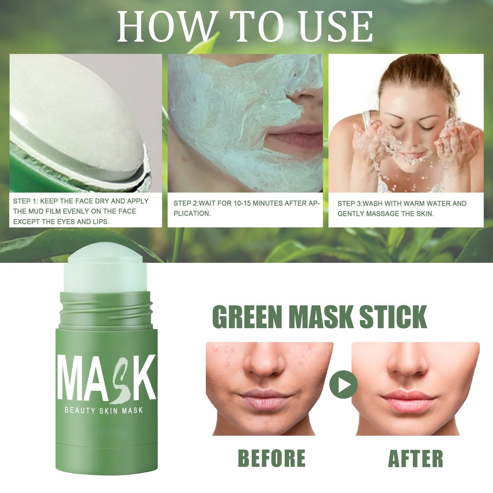 Maschera stick purificante al tè verde, verde del tè maschera,Maschera viso detergente profondo,Maschera stick per anti-punti neri,Controllo del sebo e idratazione,Cura purificante