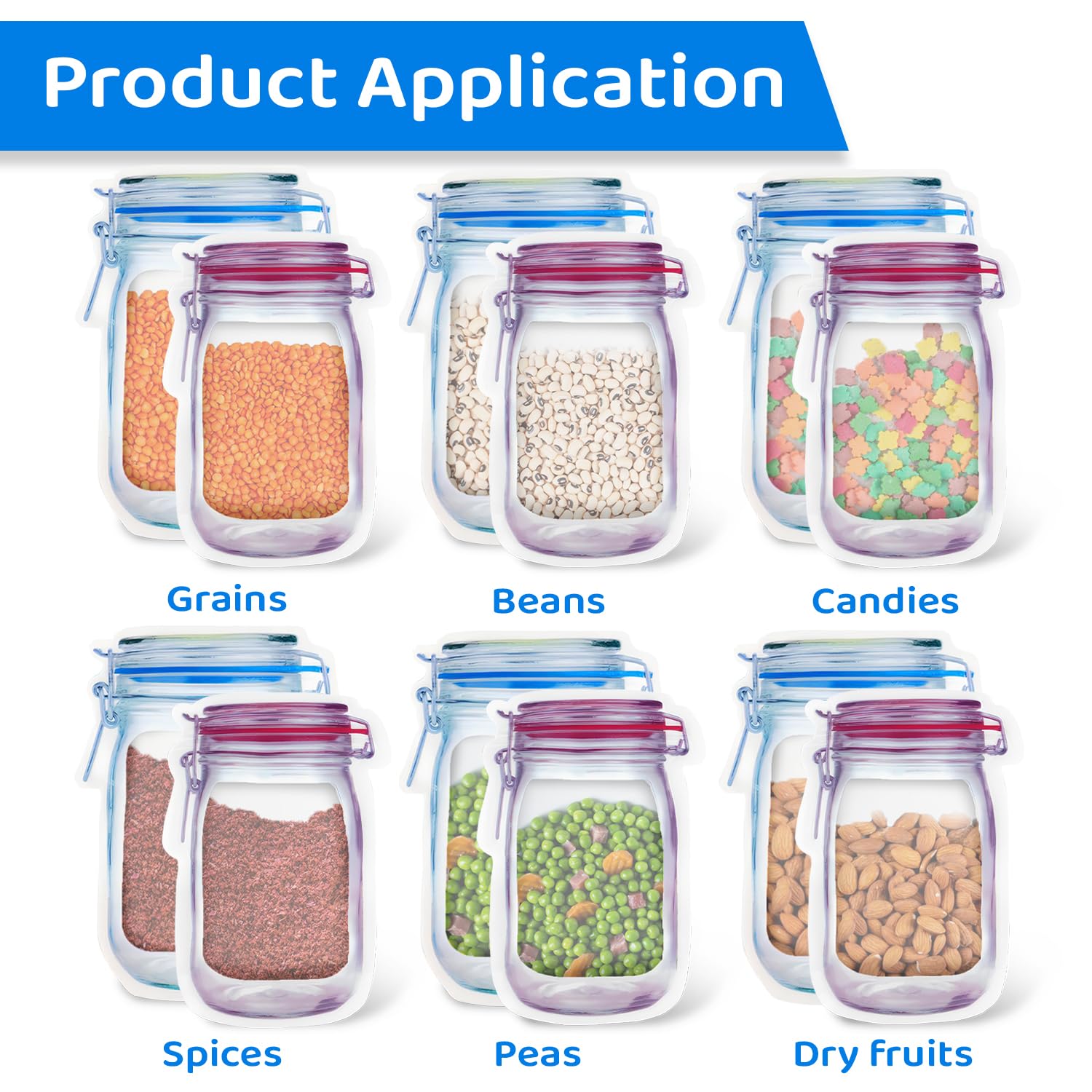 SKY FLEXI PACK Mason Jar Ziplock Bags, 50 Pcs Set (25 Pcs Each of 13.5x19.5cm & 15x25cm), Bottle Shaped Airtight Pouches for Fridge, Freezer, Kitchen & Travel Storage, Reusable & Leakproof 2