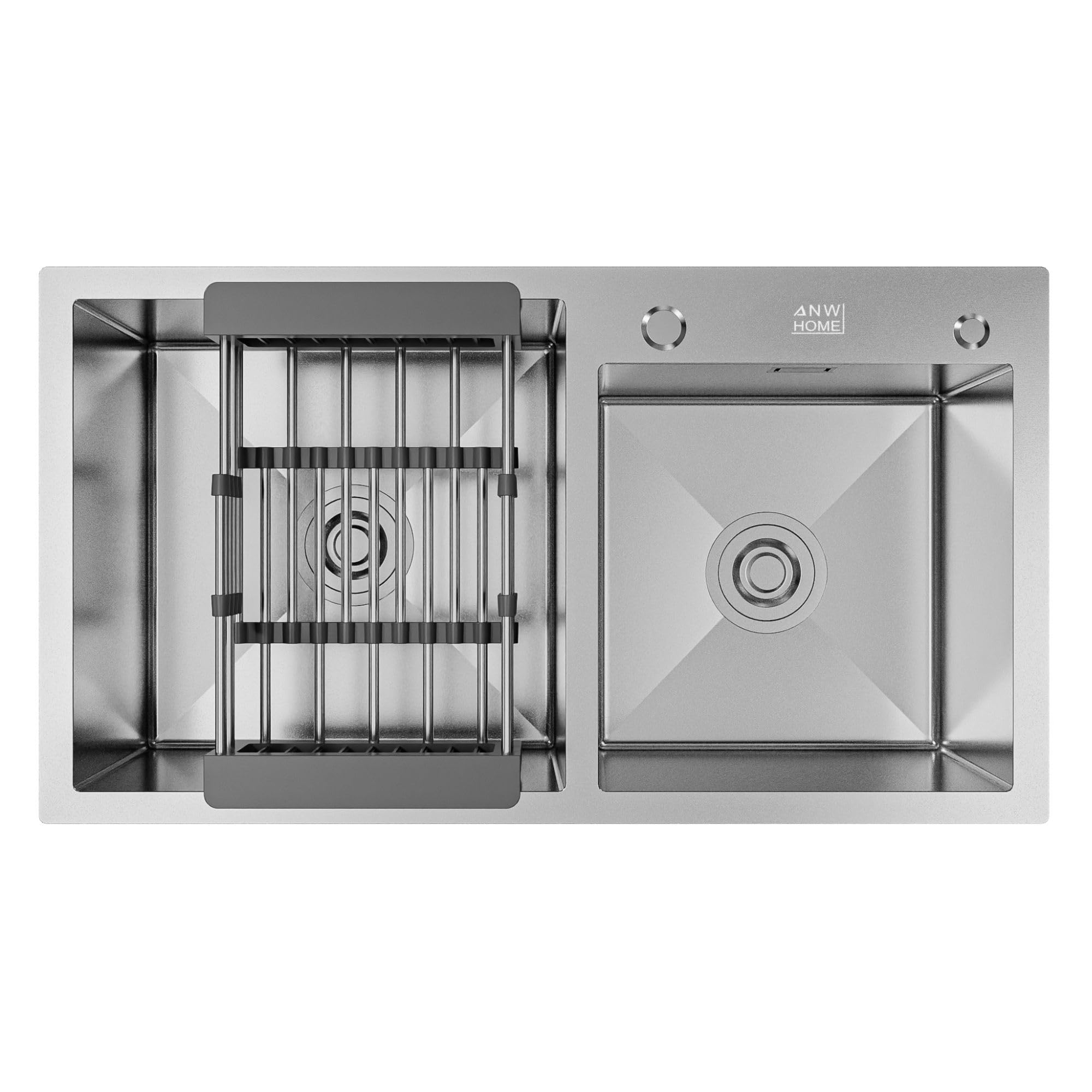 ANW HOME Fregadero Cocina Acero Inoxidable 2 Senos, Fregadero sobre Encimera 78x43 cm, Recubrimiento Nano, Grosor 3.0+1 mm, con Sifón, Dispensador y Cesta