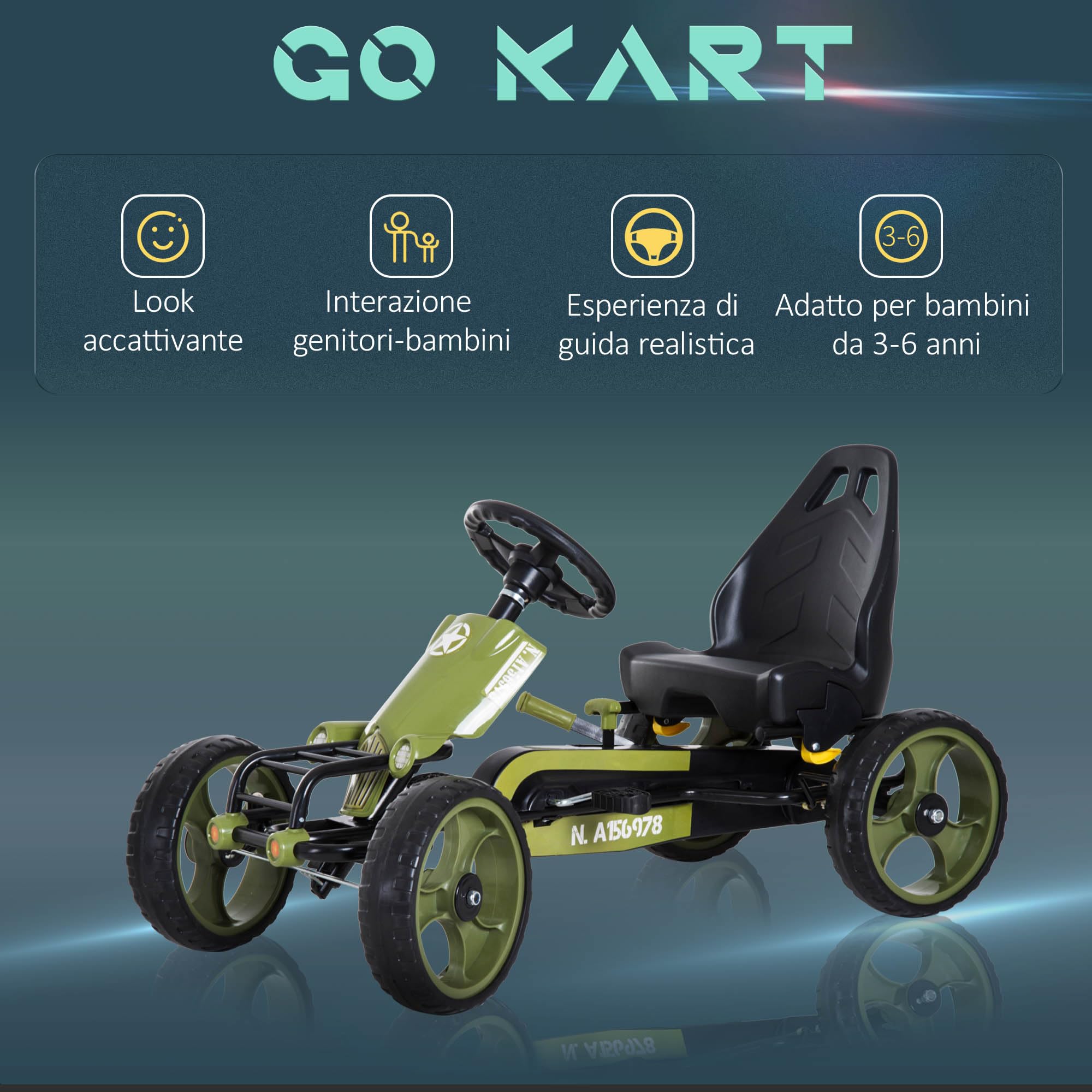 HOMCOM Go Kart a Pedali per Bambini con Freno a Mano e Sedile Regolabile, Kart per Bambini 3-6 Anni con Pedale Antiscivolo e 4 Ruote in EVA, Verde
