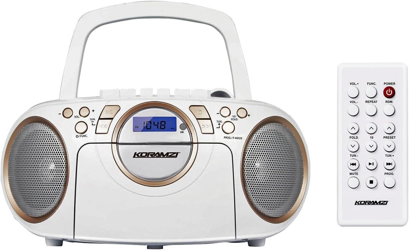Koramzi Portable CD Boombox Full Range Stereo Sound System Top-Loading MP3 CD Player, Cassette Player and Recorder, AM/FM, USB, Headphone & AUX / Remote Control-CD705CWH(White) (Renewed)