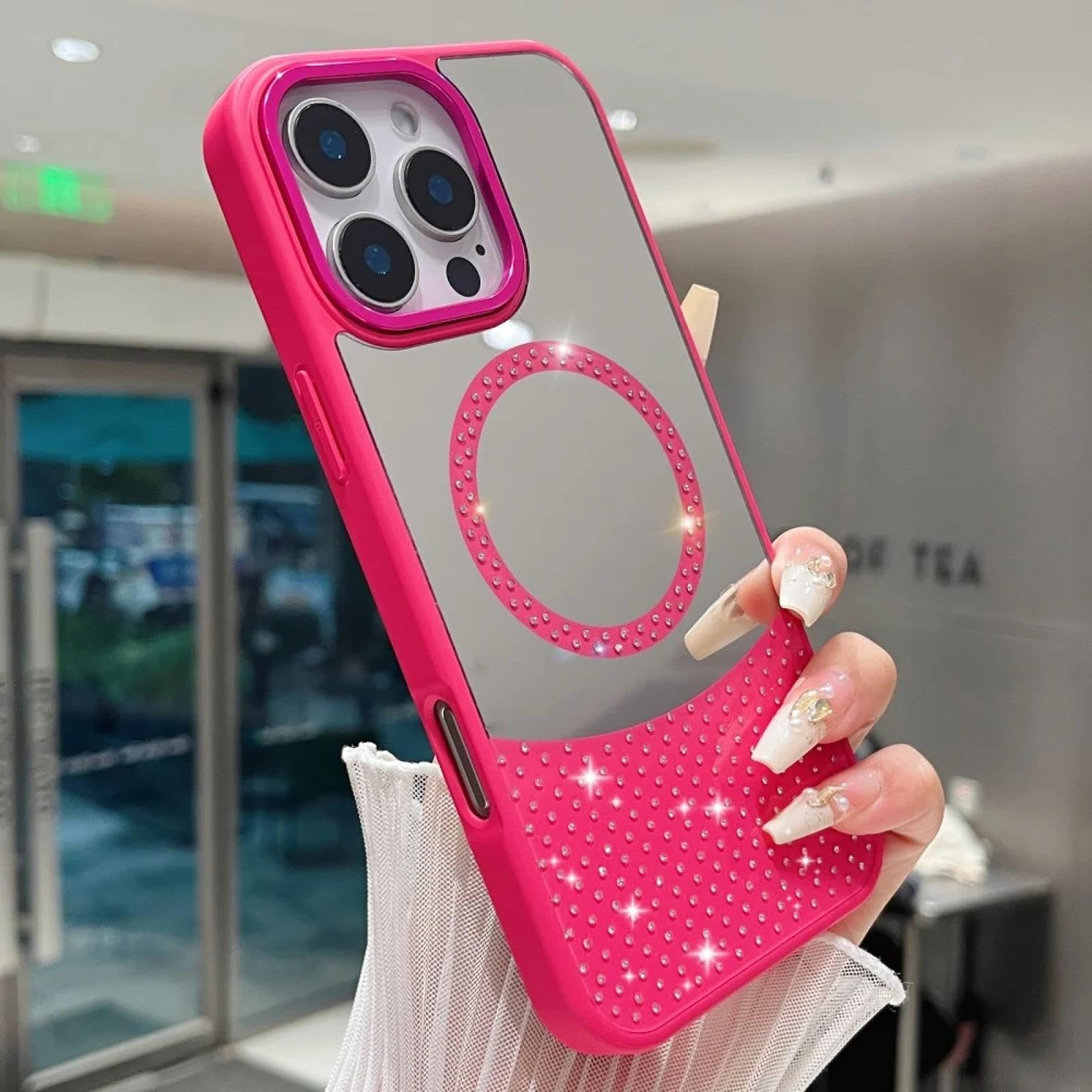 Coque silicone magnétique iPhone 11 Pro Max rose rouge avec miroir et diamants - 8