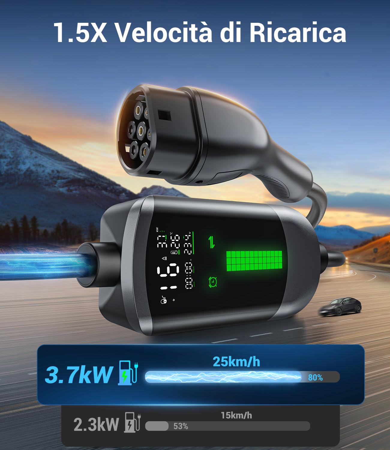 Colonnina Ricarica Auto Elettrica Wallbox 3,7kW 7M 6-16A Portatile LCD IP65 IEC 62196-2