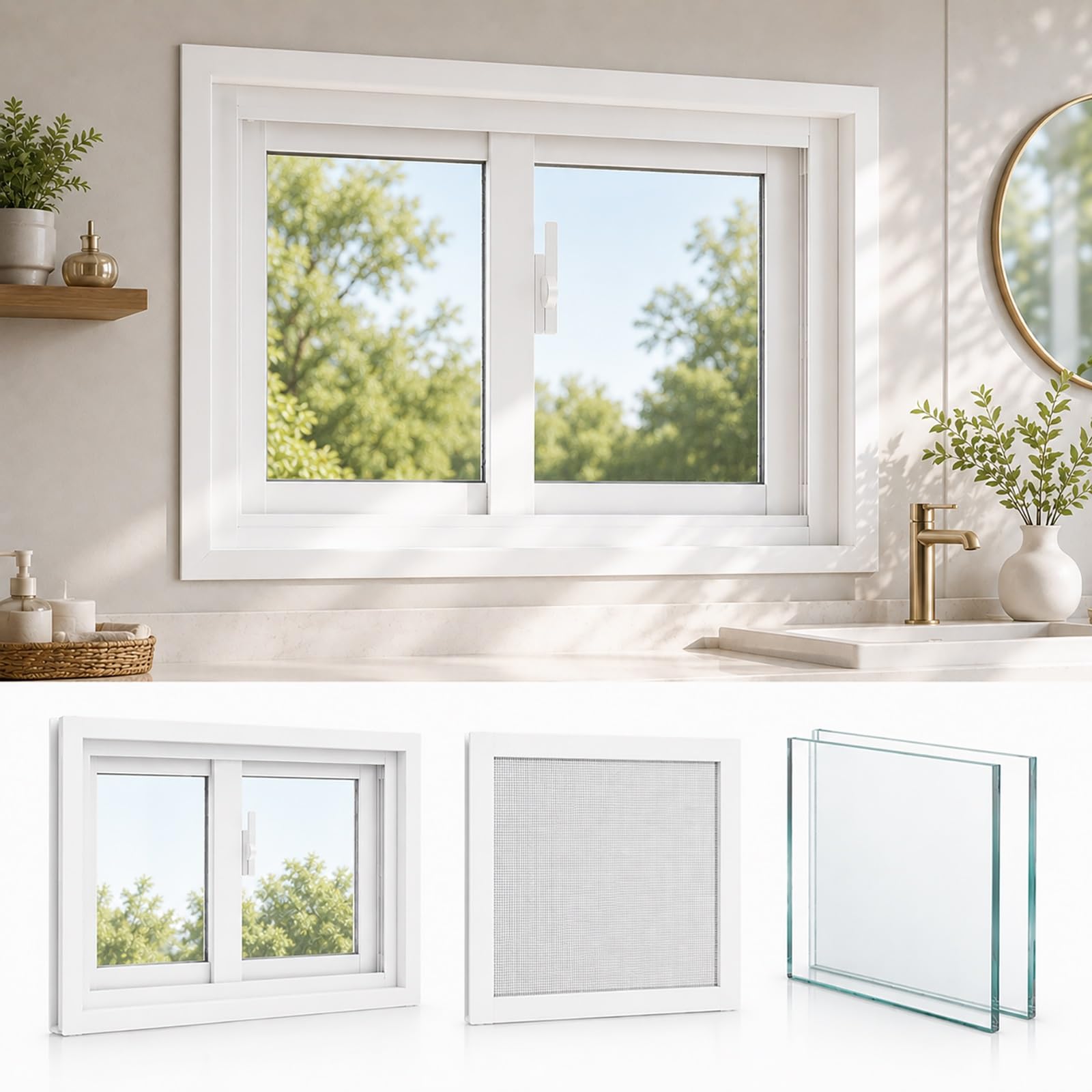 Ventana corredera de aluminio con doble cristal y mosquitera para sótanos y garajes