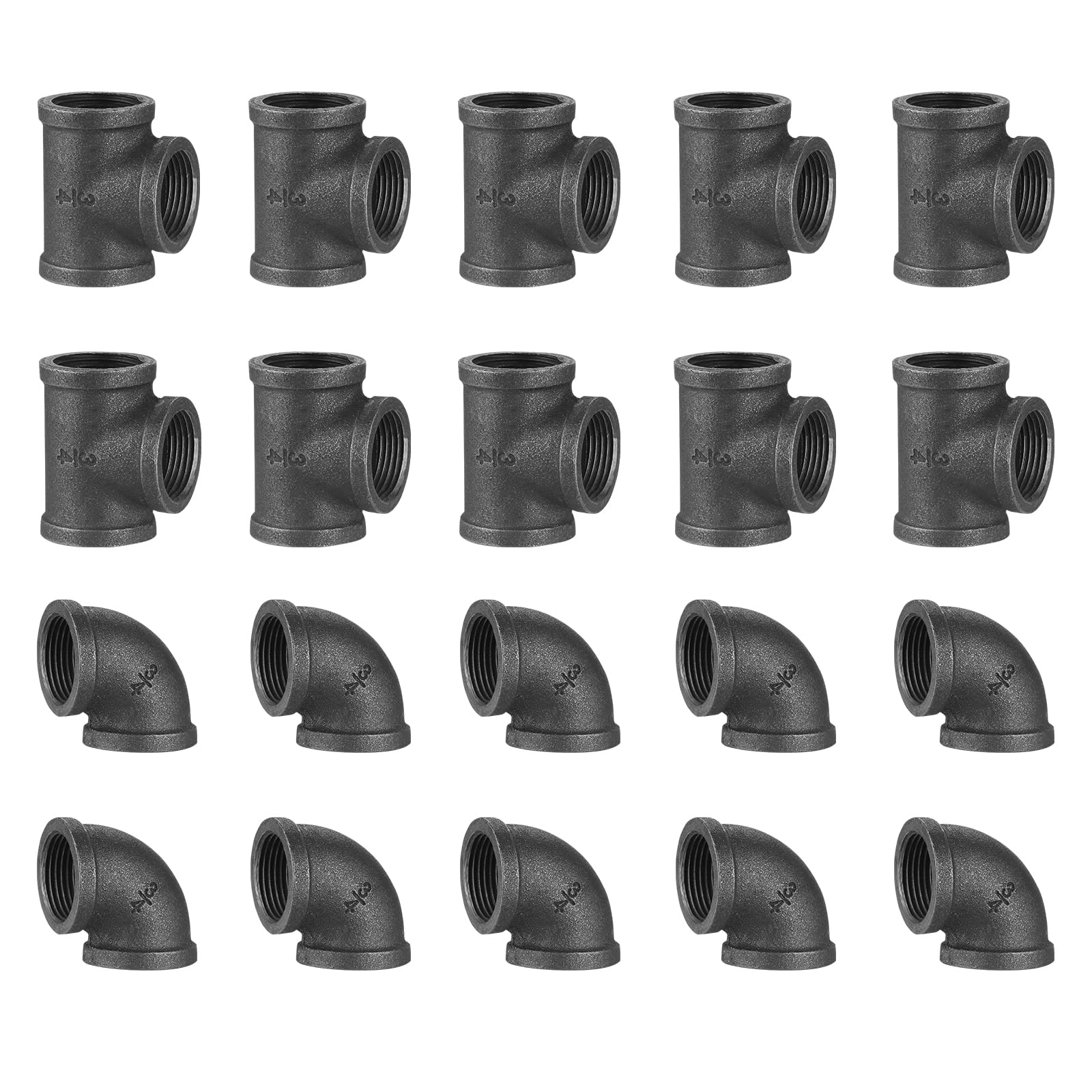 Home TZH 3/4" Thereaded Tee & Elbow, 20 Pack Industrial Cast Malleable Iron Pipe Elbow/Tee for Steampunk Vintage DIY Pipe Decor Project/Furniture/Shelving Decoration (20, 3/4 Inch)