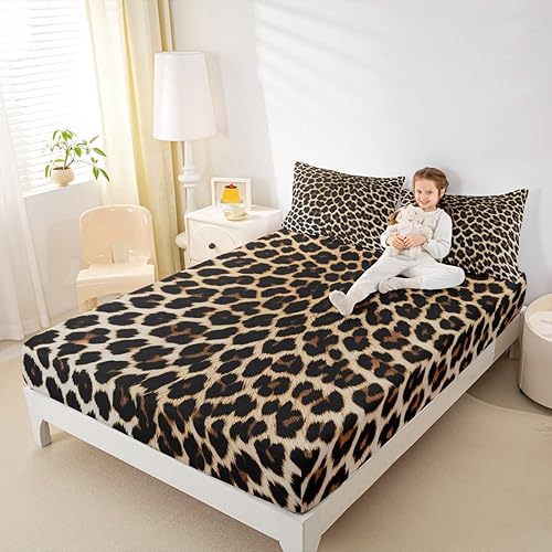 Miniatura 6 de Juego de sábanas con estampado de leopardo, tamaño matrimonial, sábana bajera con estampado de piel de guepardo africano, 4 piezas, juego de ropa de