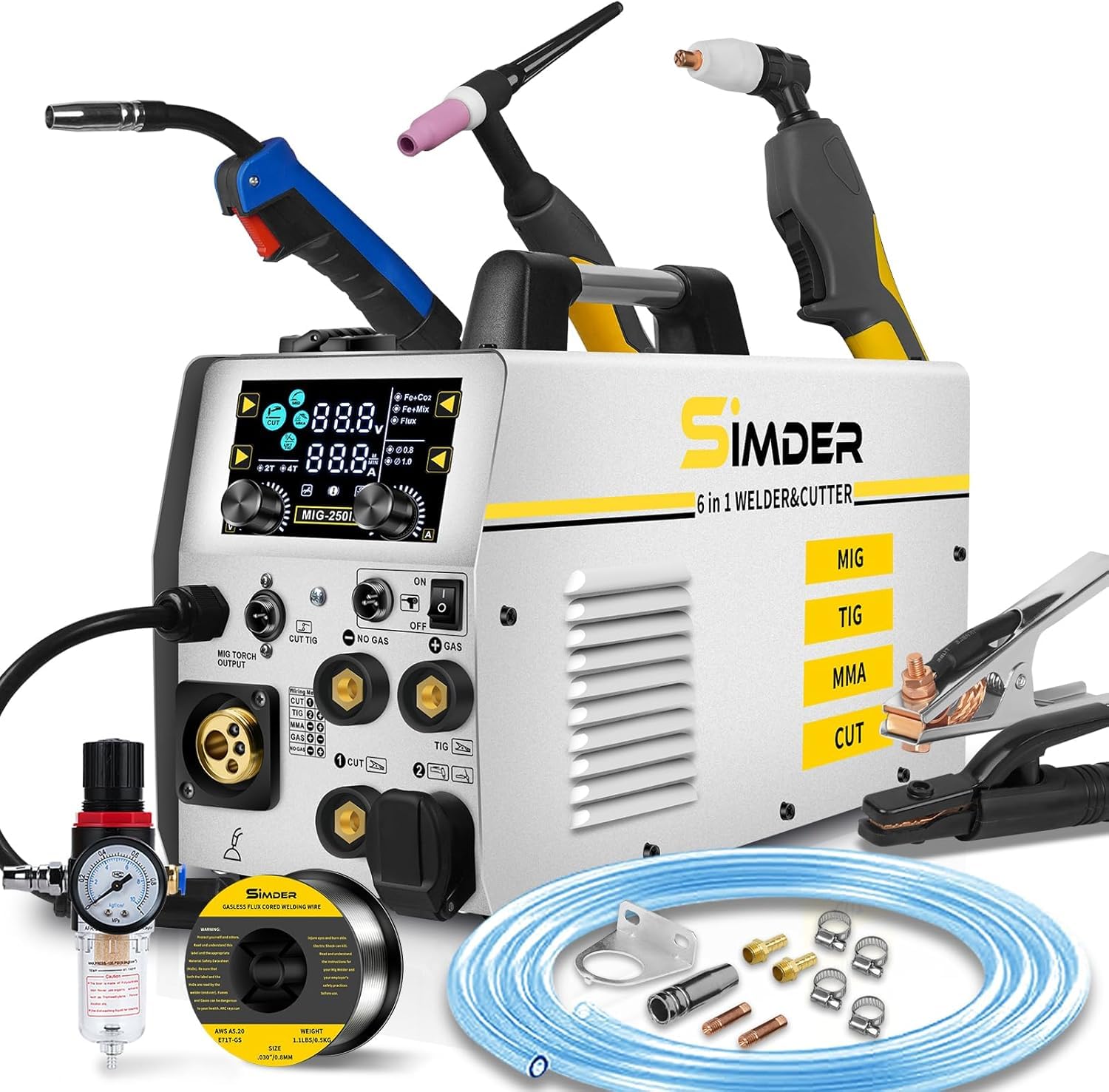 SSimder 6-in-1 MIG Welder &amp; Plasma Cutter 160A Gas MIG/Flux Core/Lift TIG/Stick/Cut Combo 110V 220V 35A Air Cutting for Auto Repair DIY &amp; Small Workshop