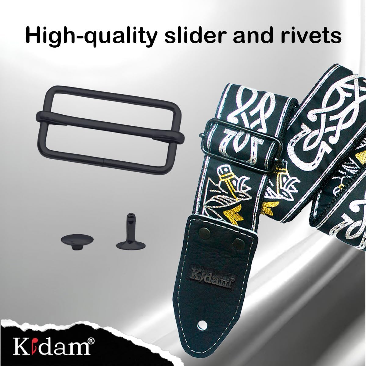 Kidam guitar strap, adjustable strap for acoustic guitars, basses and electric guitars.