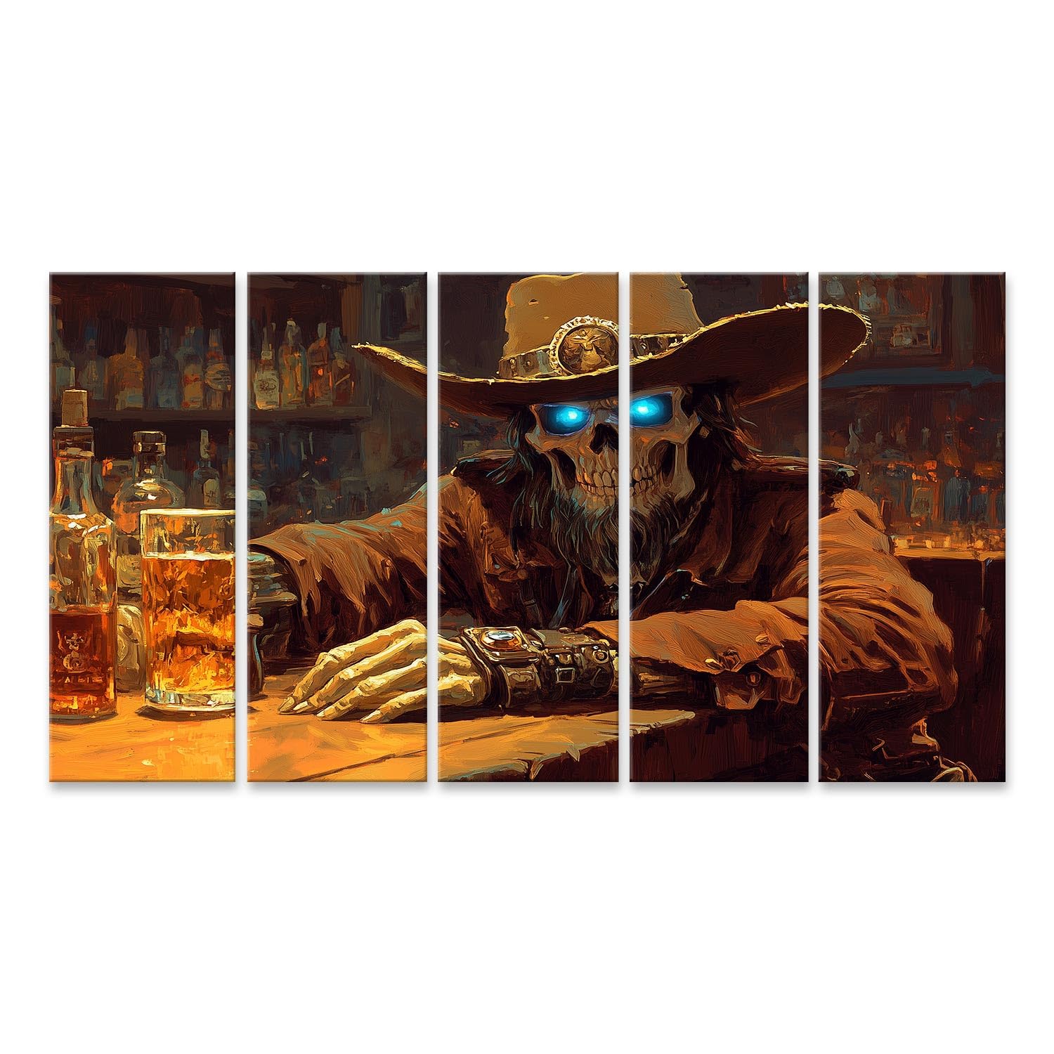 islandburner Bild auf Leinwand Skelett Cowboy genießt EIN Bier in Einer düsteren Bar Bilder Wandbilder Poster