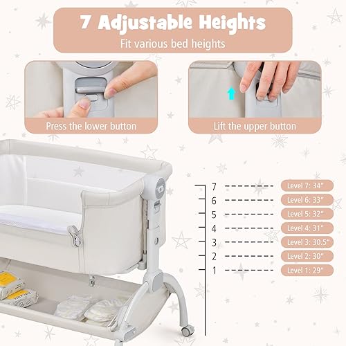 Miniatura 4 de HONEY JOY Cuna portátil para bebé, cuna 3 en 1 con colchón suave y cesta de almacenamiento, cuna de viaje para recién nacido con altura ajustable de