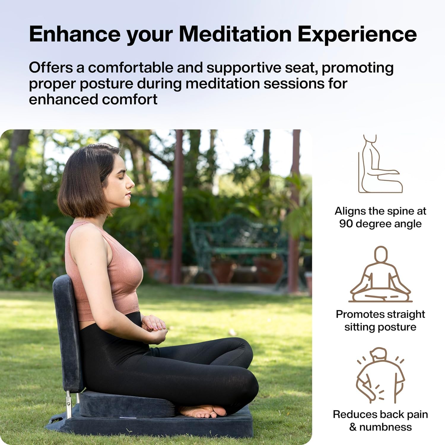 Sedia da meditazione, grande, pieghevole, con supporto per la schiena, per rilassarsi, yoga, meditazione, blocco per meditazione, telaio in acciaio inox, copertura lavabile e portatile (grigio scuro)