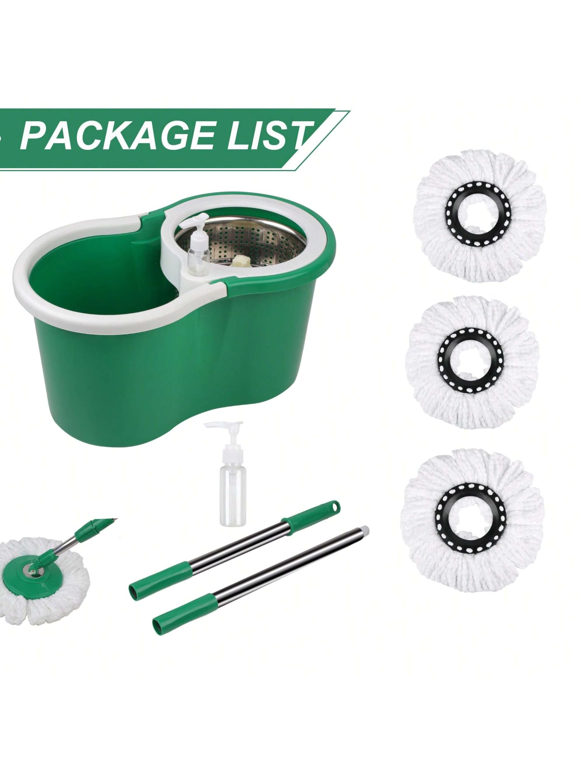 Mopa giratoria y cubo con juego de escurridor, sistema de cubo giratorio de 360° con 3 cabezales de repuesto de fregona de microfibra, mango ajustable para limpieza de suelos (verde)