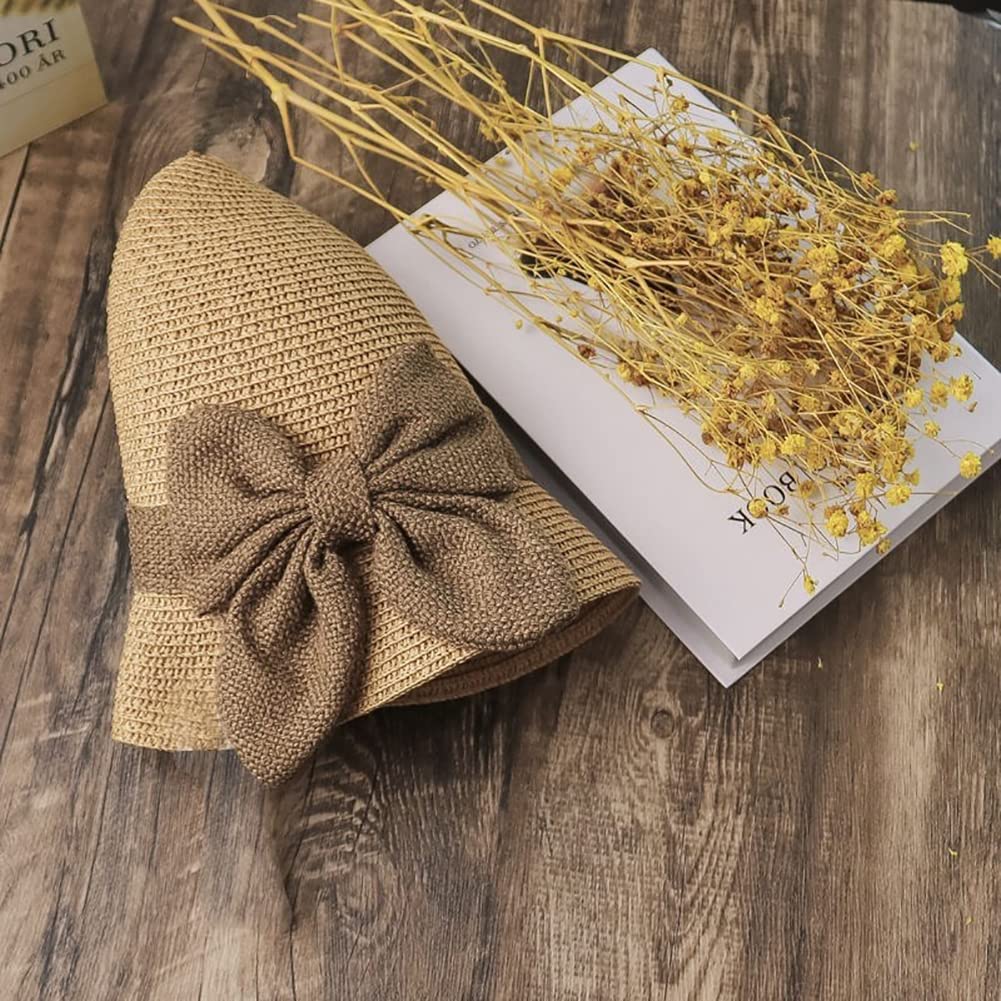 JIHUOO Straw Cloche Hat Summer Bowler Hat Sun Church Hat 1920s Vintage Bucket Hat Foldable Beach Hat with Bow for Women