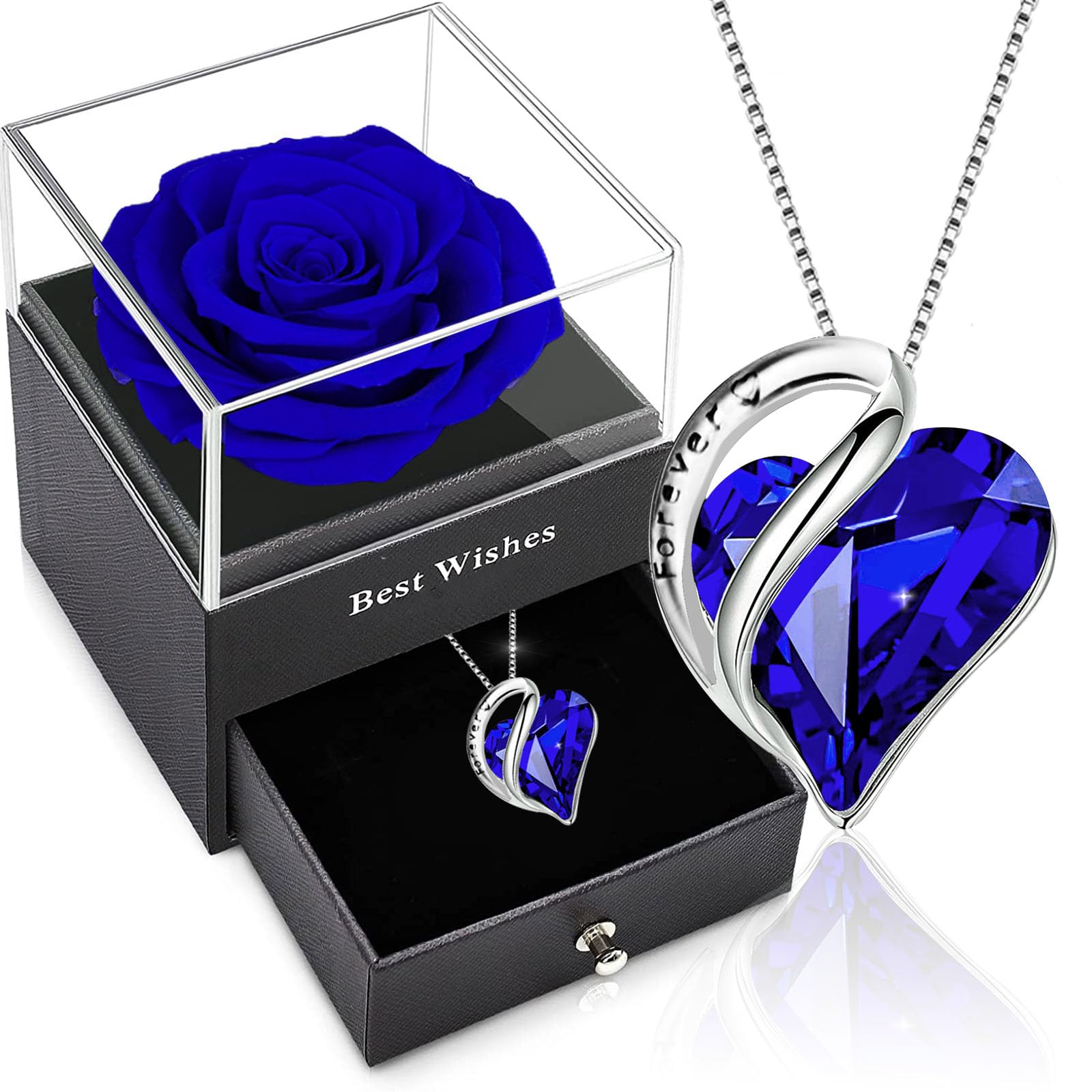 Ewige Roses mit Kette Ssaphirblau,Blau Infinity Rosen mit Geburtsstein,Königsblau Konservierte Rose Geschenkbox,Kristall Herz Halskette,Damen Sapphire Anhänger am Valentinstag Weihnacht Muttertag