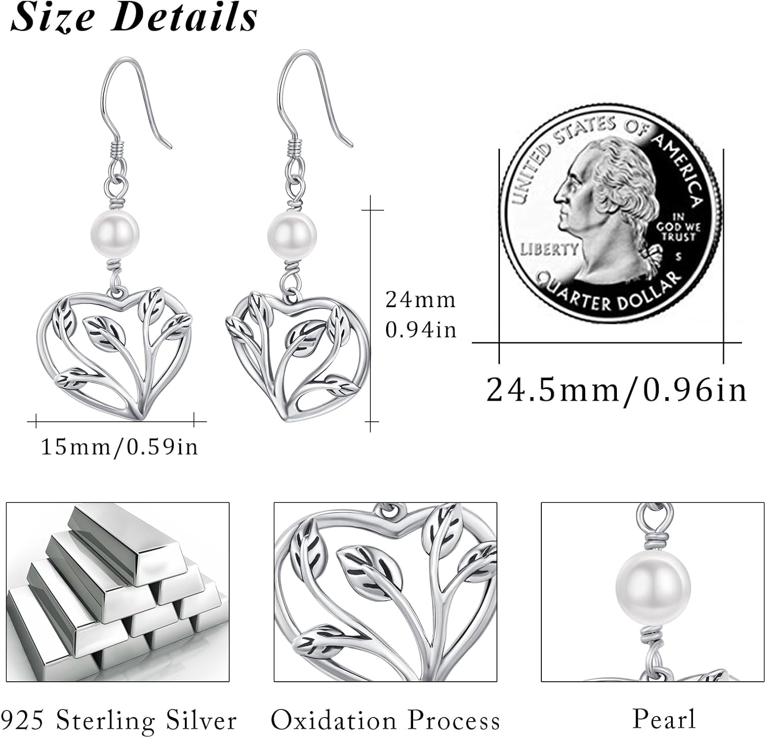Tree of Life Earrings 925 Sterling Silve Heart Drop Dangle Earrings with Pearl Fish Hook Earring Jewelry Gifts for Women - Image 3