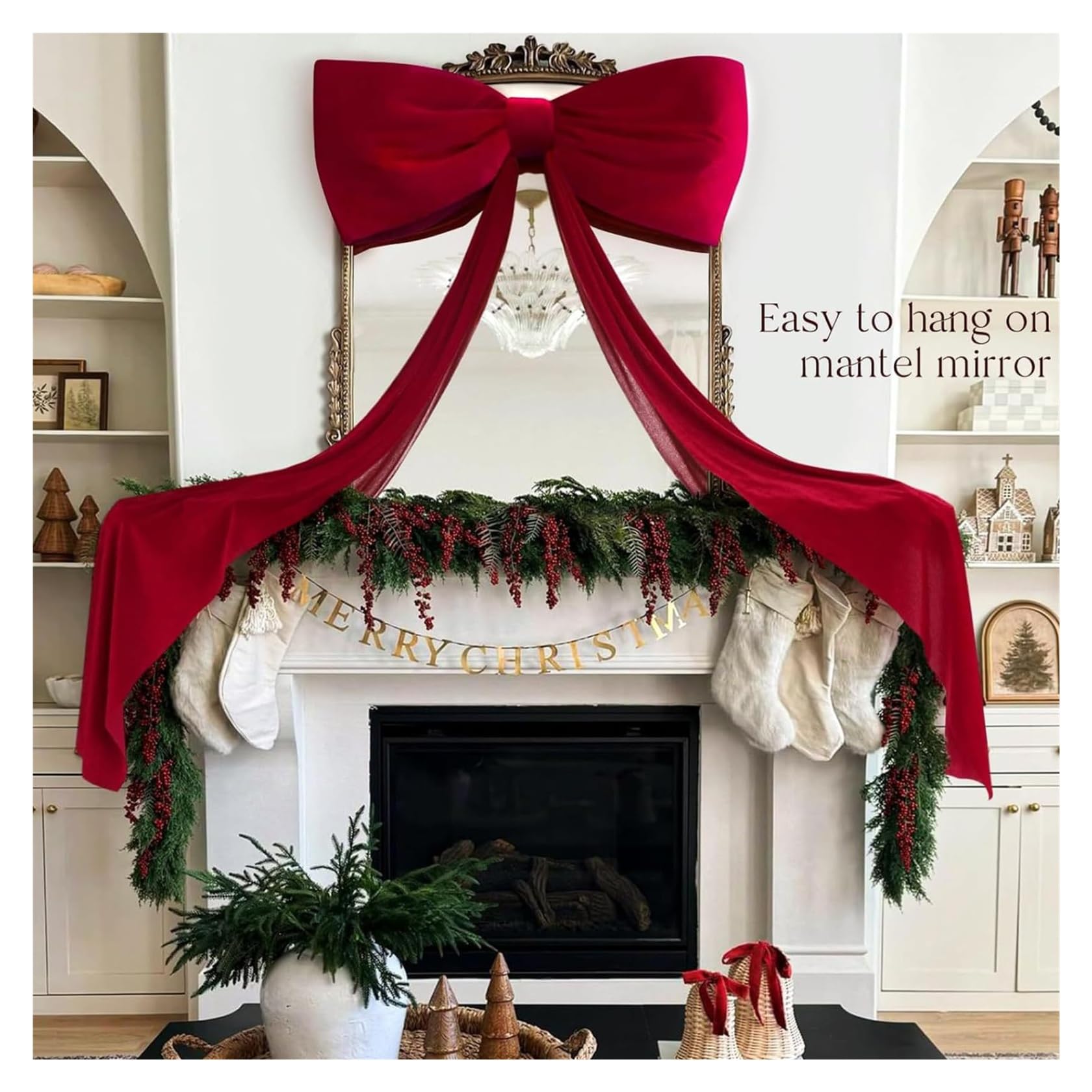 Cimier de sapin de Noël extra large en velours rouge avec ruban de 2,6 m – Décoration parfaite pour arbres, guirlandes, murs et fêtes intérieures