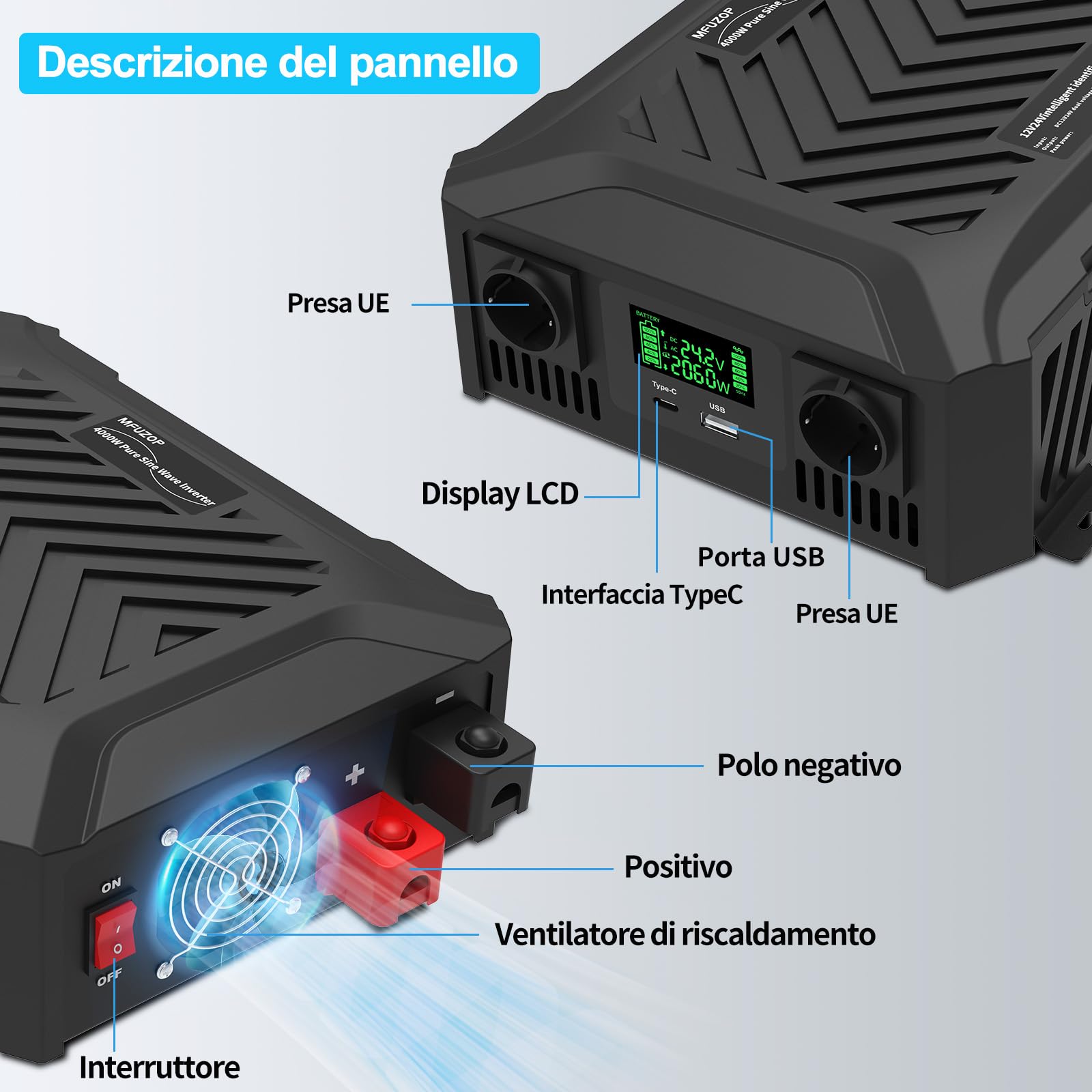 MFUZOP Power Inverter 12v/24V 220v onda pura 1200W/2300W Convertitore con sistema di rilevamento intelligente, con 2 prese AC, 1 porta Type-C, 1 porta USB 5V 2.1A & LCD-Display