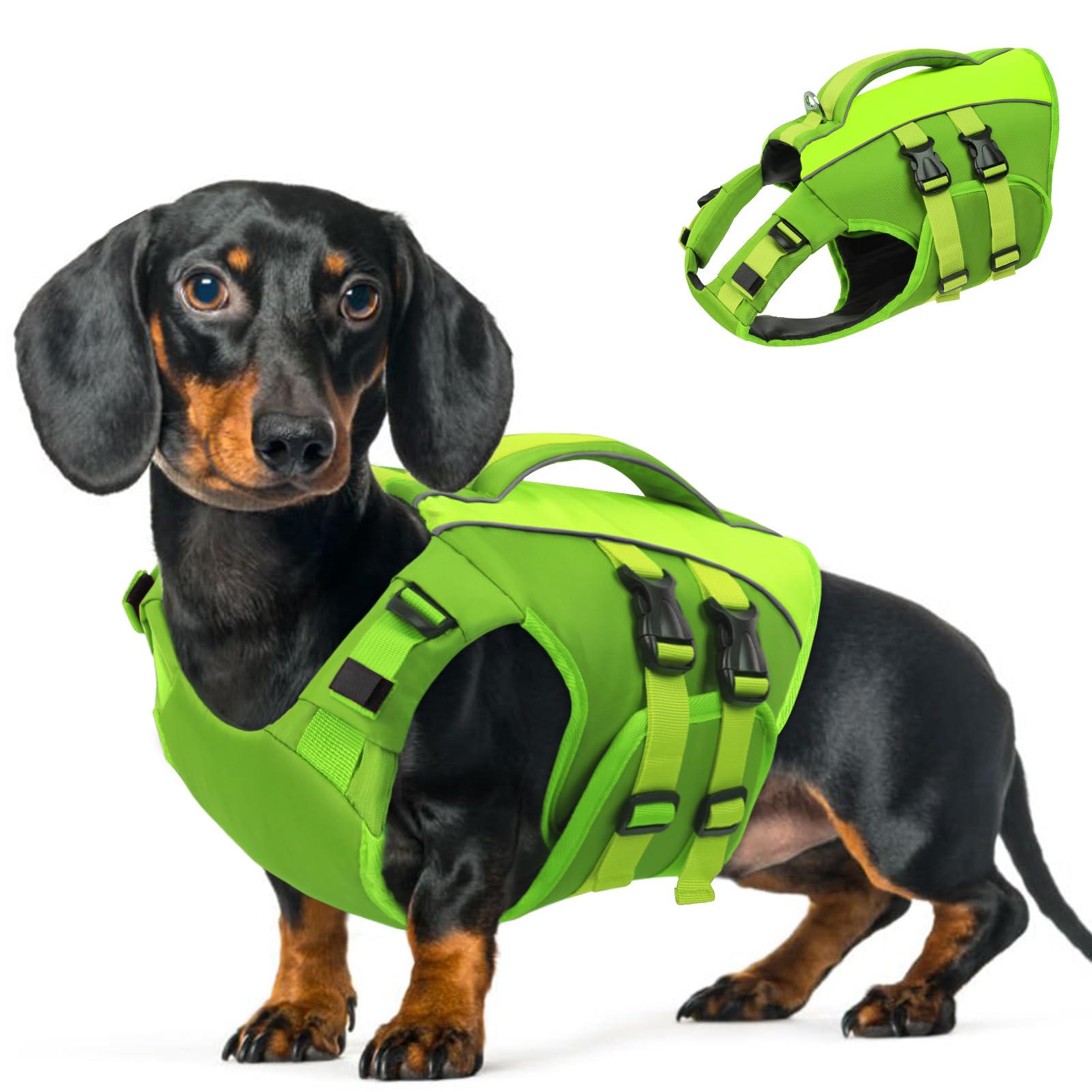 Queenmore Schwimmweste für kleine Hunde, Schwimmweste für kleine Hunde zum Schwimmen, verstellbar, reflektierend, für Hunde mit hohem Auftrieb, Lebensretter für Haustiere (Grün, S)