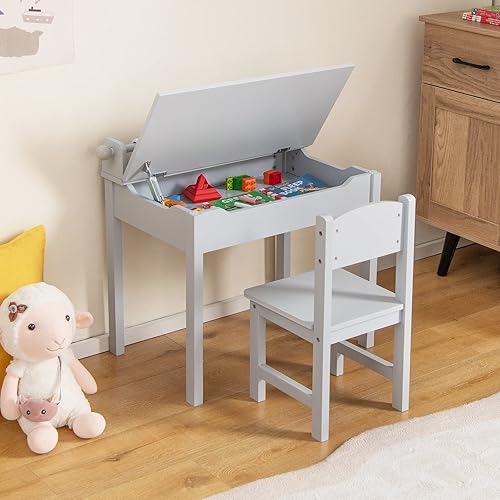 Miniatura 54 de HONEY JOY Juego de mesa y silla para niños, escritorio y silla de madera con cajón, soporte para rollo de papel y 2 rotuladores, juego de mesa de