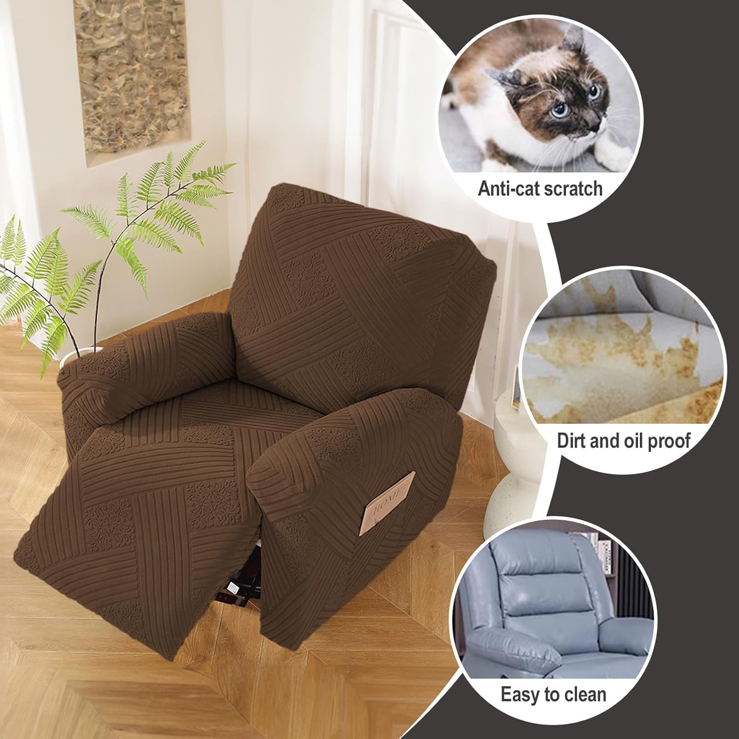 NORTHERN BROTHERS Recliner Cover, Stretch Recliner Covers That Stay in Place, Washable Lazy Boy Recliner Chair Covers, Furniture Protector Recliner Slipcovers for Dog Kid, Brown