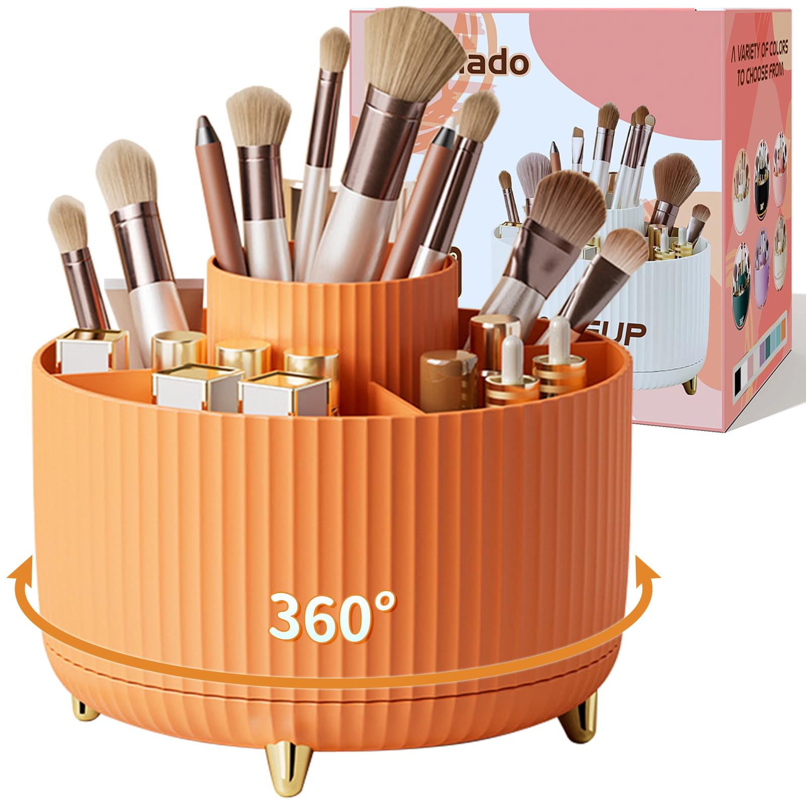 fanado 360° Rotating Makeup Organiser, Makeup Brush Holder, 5 Compartment Makeup and Skincare Storage for Vanity, Desktop, Bathroom (White) — view 11