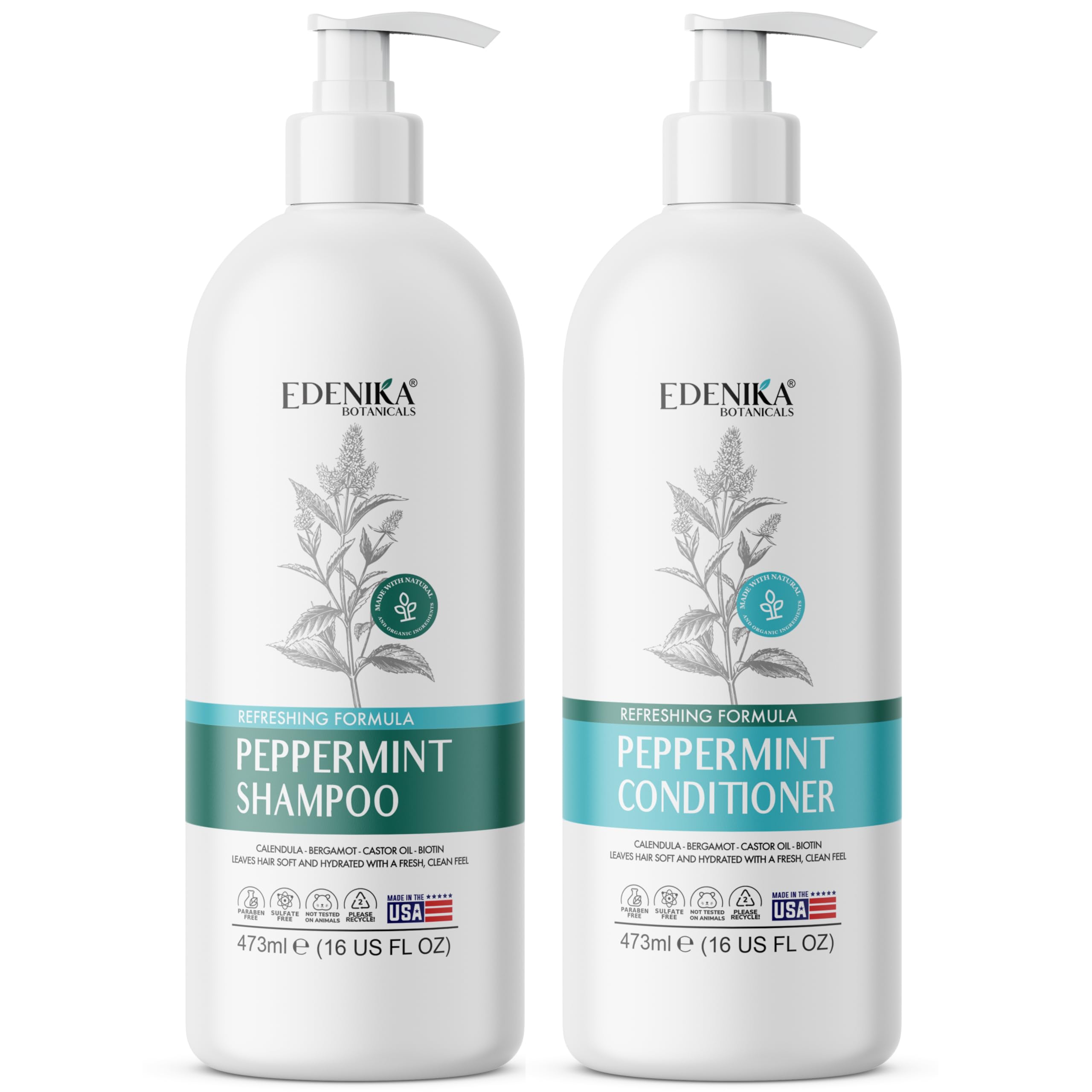 Peppermint Shampoo and Conditioner with Castor Oil & Biotin, Soothes Dry, Itchy Scalp, Strengthens Hair, Reduces Thinning & Hair Loss, Promotes Growth, Adds Volume, Sulfate-Free, 16 fl oz Each