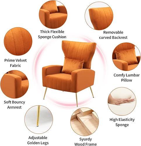 Miniatura 5 de Sillas modernas para sala de estar, sillón de terciopelo con almohada lumbar, sillas de dormitorio con respaldo alto, silla de tocador, silla de