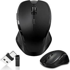 Wireless Bluetooth Mouse for Mac & iPad, Ergonomic Rechargeable Mouse with Built-in Jiggler Mode, Dual USB-C & USB-A Receiver, Quiet Optical Mouse for Laptop, Desktop & Tablet – Black
