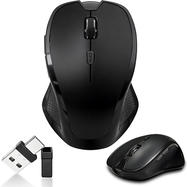 Souris Bluetooth sans fil pour Mac & iPad, Souris ergonomique rechargeable avec mode Jiggler intégré, double USB-C & USB-A Récepteur, Souris optique silencieuse pour ordinateur portable, Bureau & tablette – noir