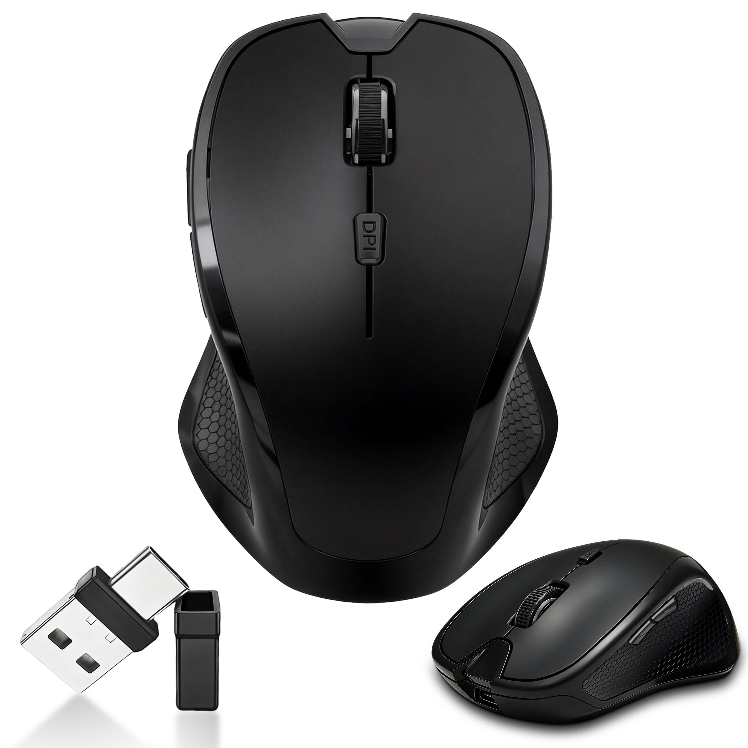 Wireless Bluetooth Mouse for Mac & iPad, Ergonomic Rechargeable Mouse with Built-in Jiggler Mode, Dual USB-C & USB-A Receiver, Quiet Optical Mouse for Laptop, Desktop & Tablet – Black