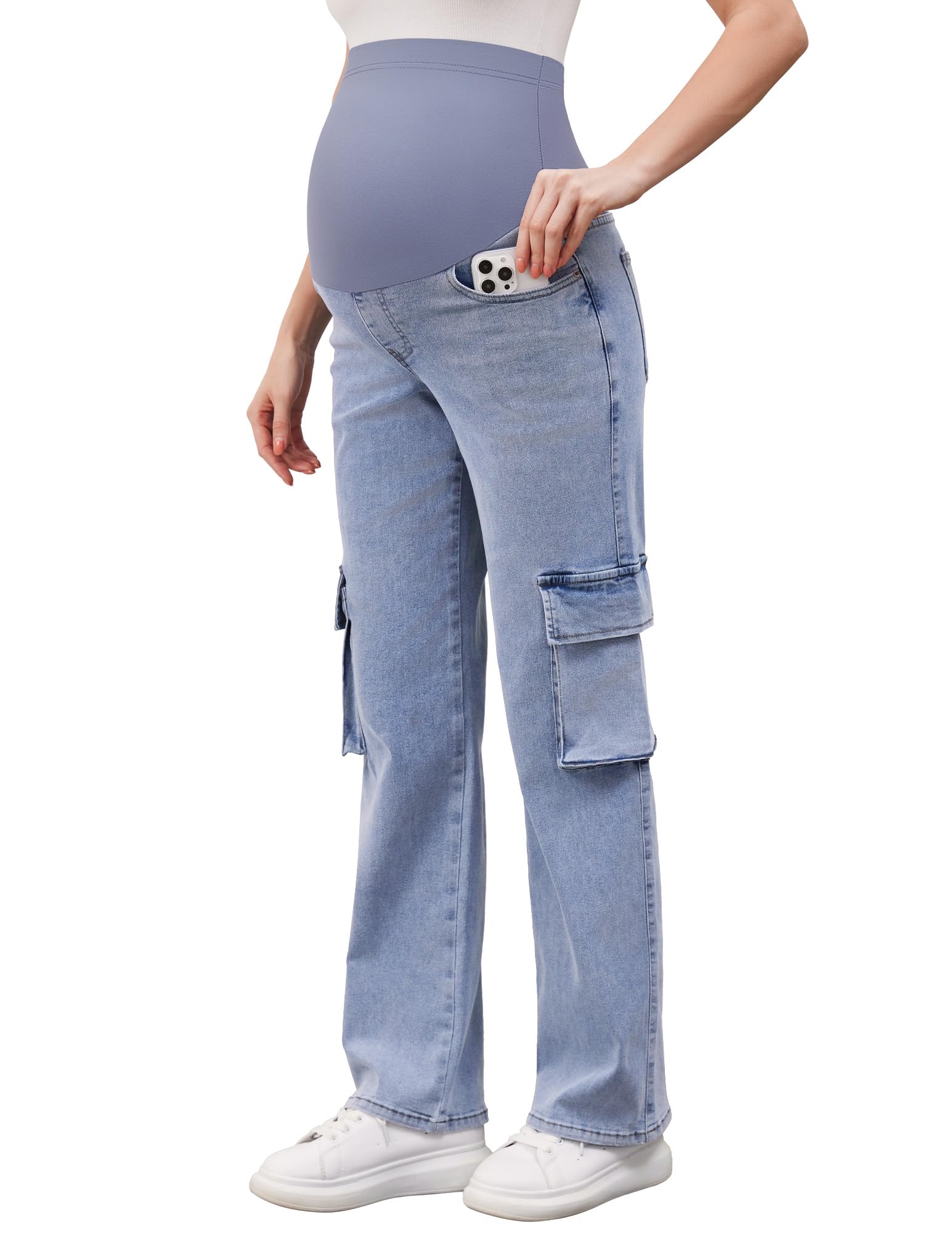 PACBREEZE Women's Maternity Jeans Cargo Straight Leg Relaxed Jeans Over Belly Comfy Denim Pregnancy Pants, S-XXL (Light Blue, Large)