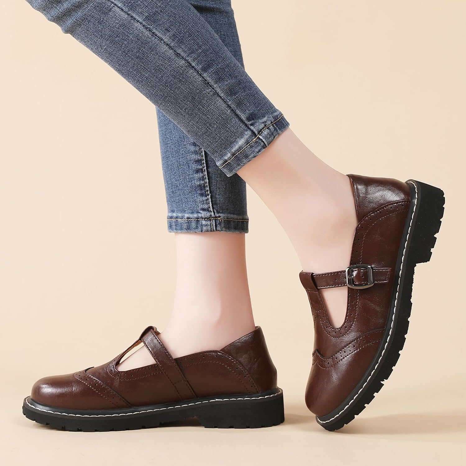 Mary Jane Shoes Women Platform Non-Slip Classics Brogues Round Toe T Ankle Strap Comfort Casual Oxford Dress Work Mary Jane Flat Shoes - Image 5