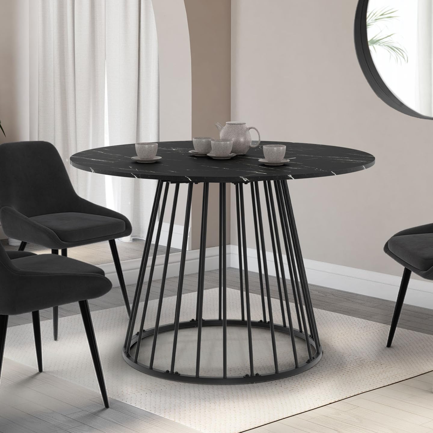 IDMarket Yuna - Mesa de comedor redonda para 6 personas, 110 cm, efecto mármol | Con pie con cable, bandeja efecto mármol negro alaska, metal negro