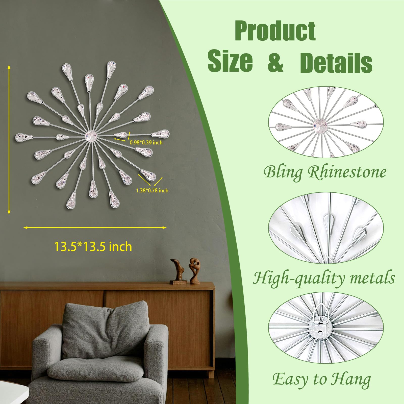 3 Set Silver Metal Jeweled Wall Art Bling Crystal Home Décor