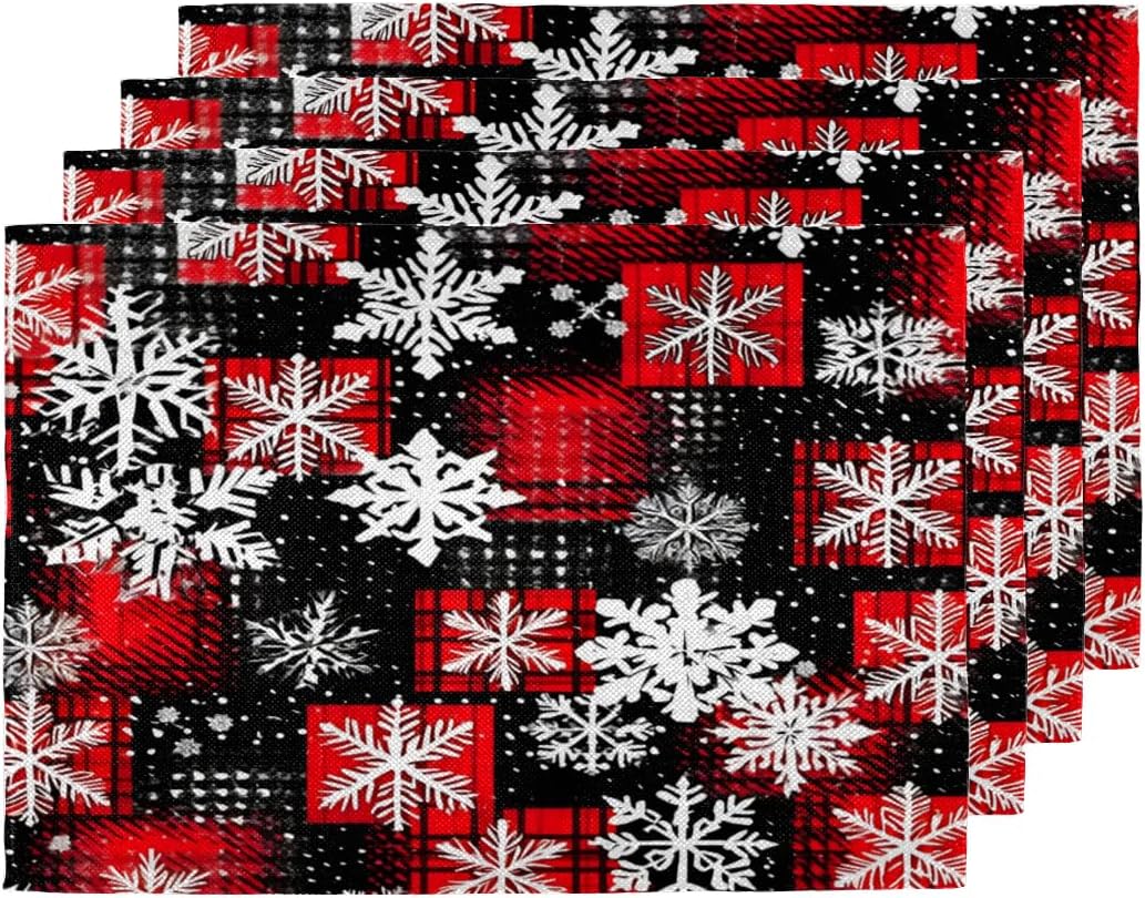 Snowflake Red Plaid Placemats Set of 6 Place Mats 12 X 18 Inch Seasonal Washable Table mats for Party Kitchen Indoor Outdoor Dining Table