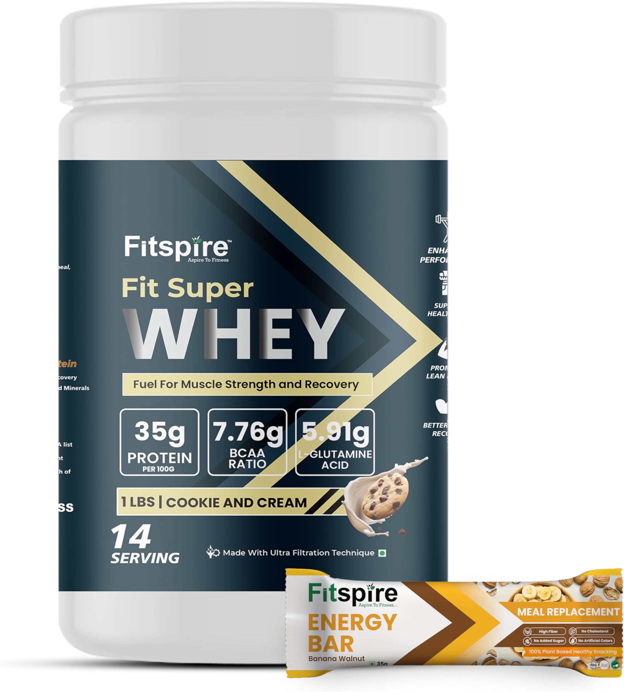 Fitspire Fit Super Whey Protein with Energy Bar for Men & Women | 35g Protein | 7.76g BCAA | 100% Whey Fuel for Muscle Strength & Recovery (Cookie & Cream- 1 lbs)