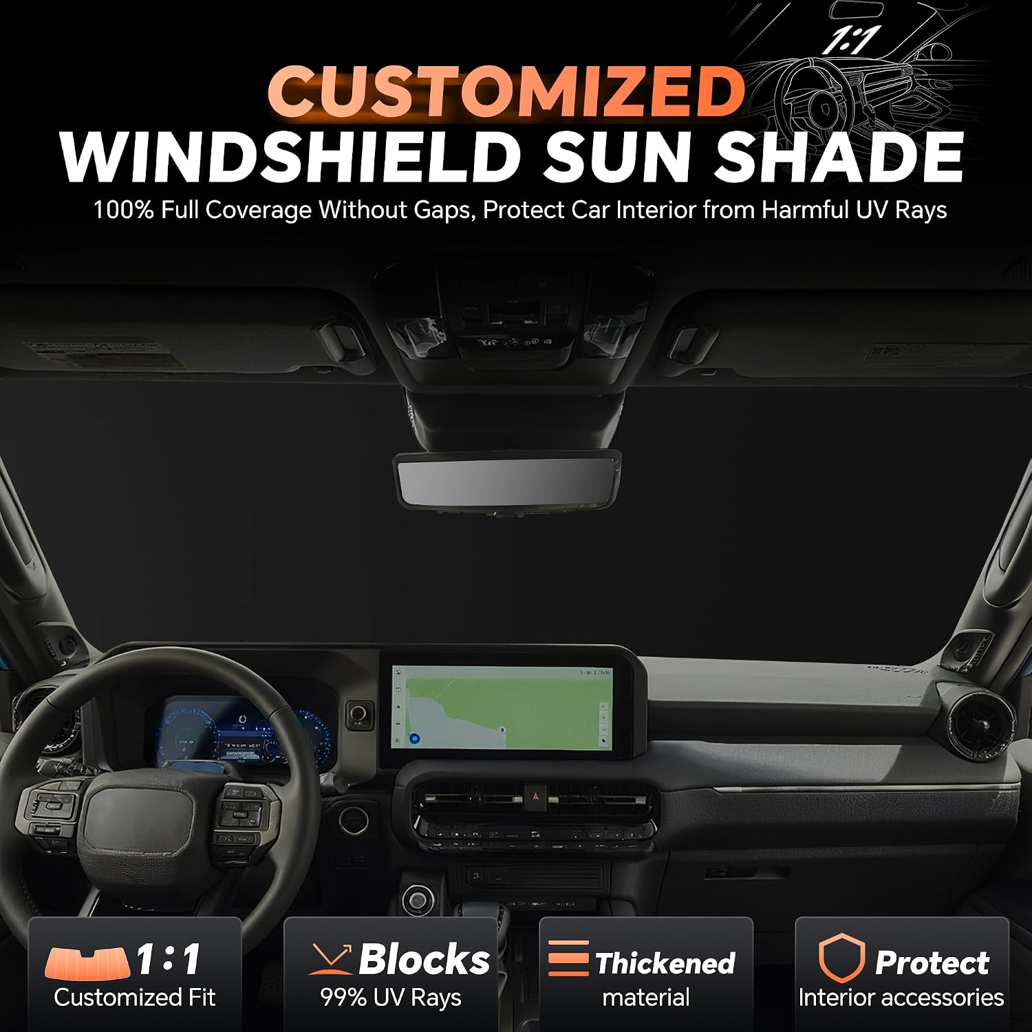 Windshield Sun Shade for Toyota Land Cruiser 2024-2026 Custom Fit Window Sunshade Car Accessories, Full Coverage Sun Visor Protector - Blocks 99% UV Rays