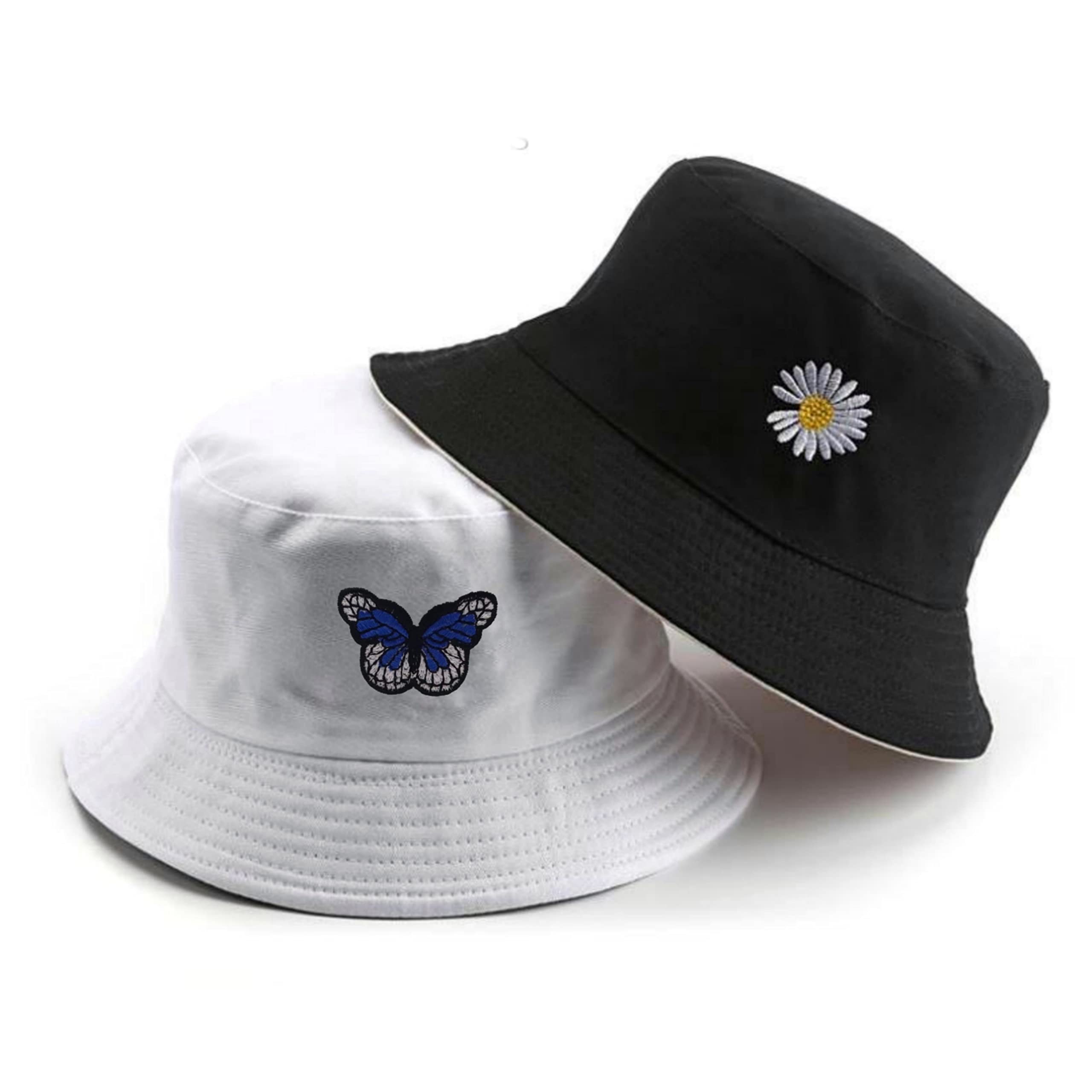 REFFERUnisex Daisy Butterfly Reversible Embroidered Foldable Cotton Bucket Hat for Women and Men hat | Bucket hat for Women | Bucket hat for Girls | Beach hat | Sun hat | Traveling hat
