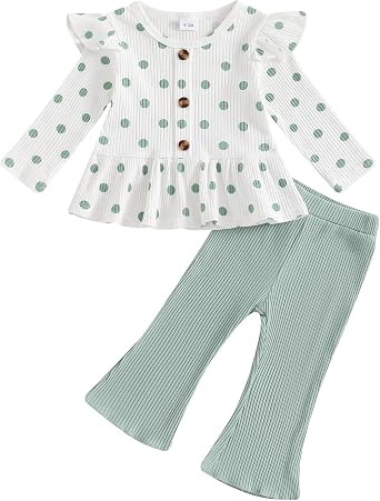 Toddler Baby Girls Outfits Ribbed Long Sleeve Ruffle Hem Tops + Flared Pants Sets 2Pcs Infant Fall Winter Clothes