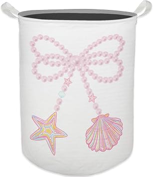 Pink Coquette Pearl Bow Laundry Basket, Toybox for Girls, Coastal Seashell Laundry Basket Hamper Waterproof Collapsible Clothes Toys Storage Bin Organizer for Bedroom Bathroom Girls Room Dorm