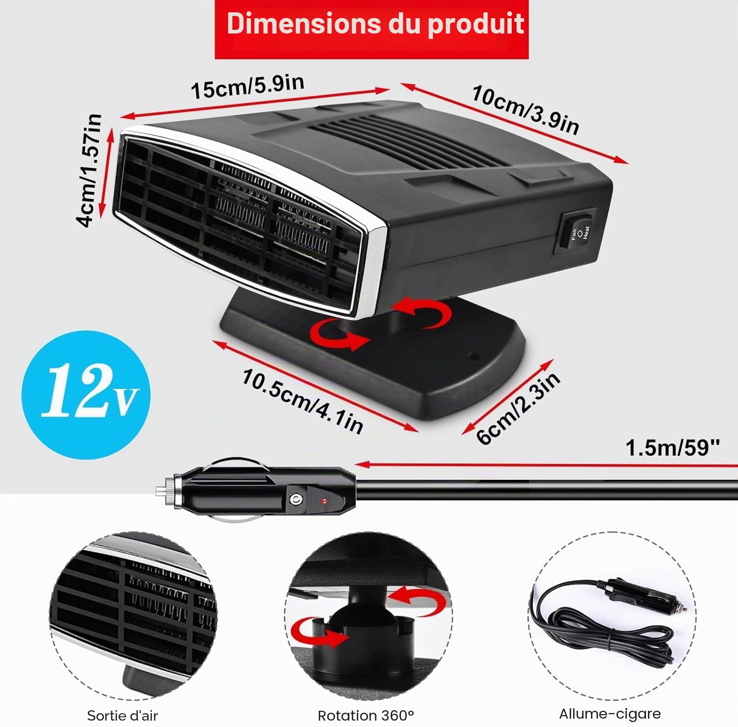 Chauffage de Voiture Portable 12 V 200 W - Dégivreur de Voiture - Chauffage et Refroidissement Rapides - Prise Allume-Cigare - Dégivreur avec chauffages de Voiture rotatifs à 360°