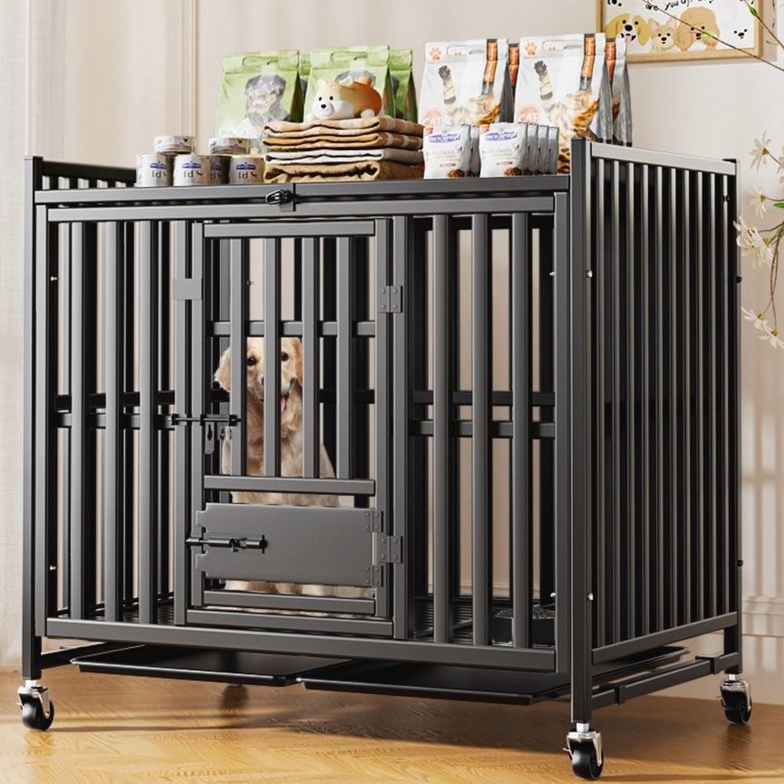 31/38/44 Inch Heavy Duty Dog Crate Cage Kennel with Wheels, Metal Dog Kennels for Large Dogs Indoor Outdoor with Locks,Pet Playpen with Four Lockable Wheels and Removable Tray,Easy to Install (L)