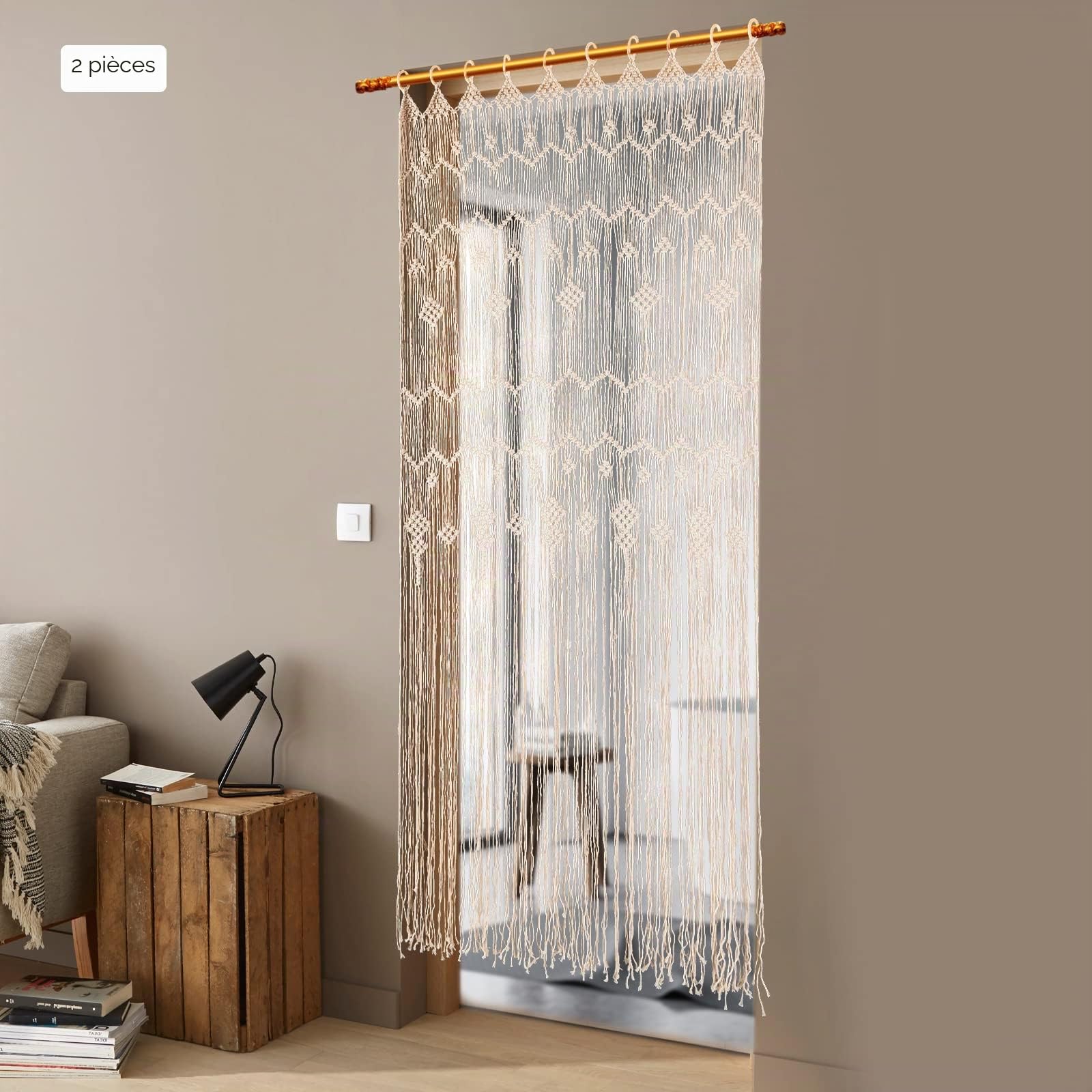 Lot de 2 rideaux en macramé - Style bohème - Fait à la main - Pour mariage, fenêtre et séparateur de pièce - Décoration murale pour la maison et le bureau - 100 x 200 cm